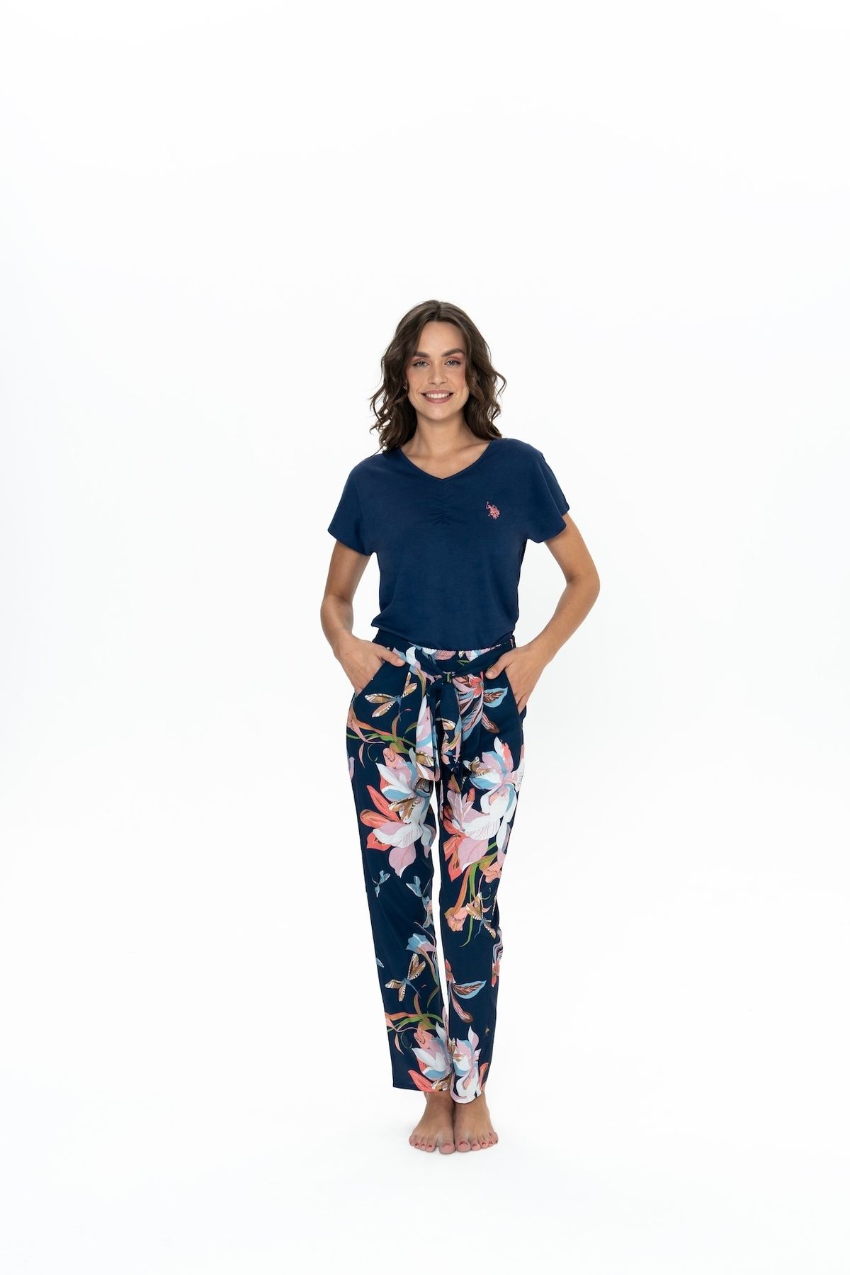 U.S. Polo Assn. U.S. Polo Assn. Kadın Lacivert Renkli V Yaka Pijama Takımı - ARASS20W10W0W