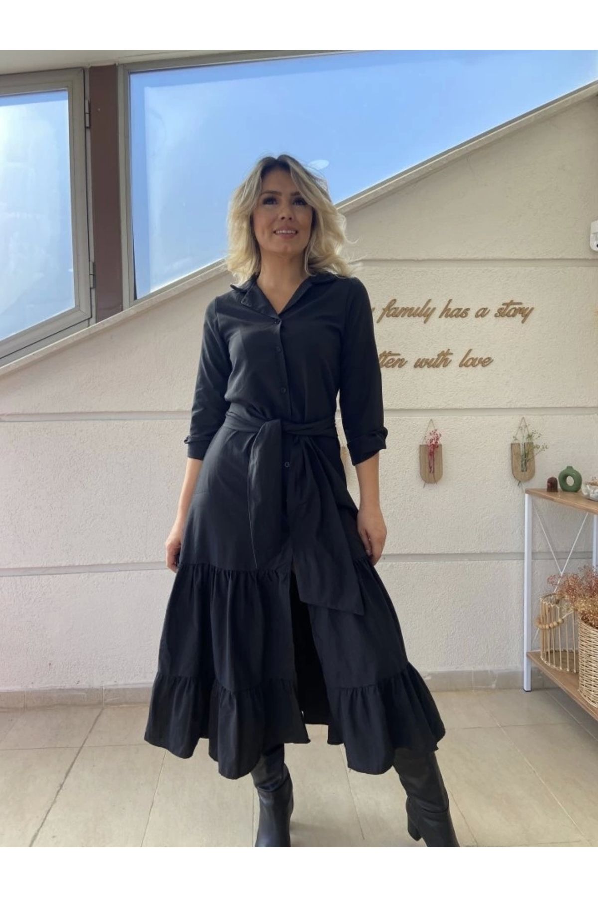 nedo7 Kadın Uzun Kollu Eteği Fırfırlı Beli Kuşaklı Trikoton Tam Boy Gömlek Elbise