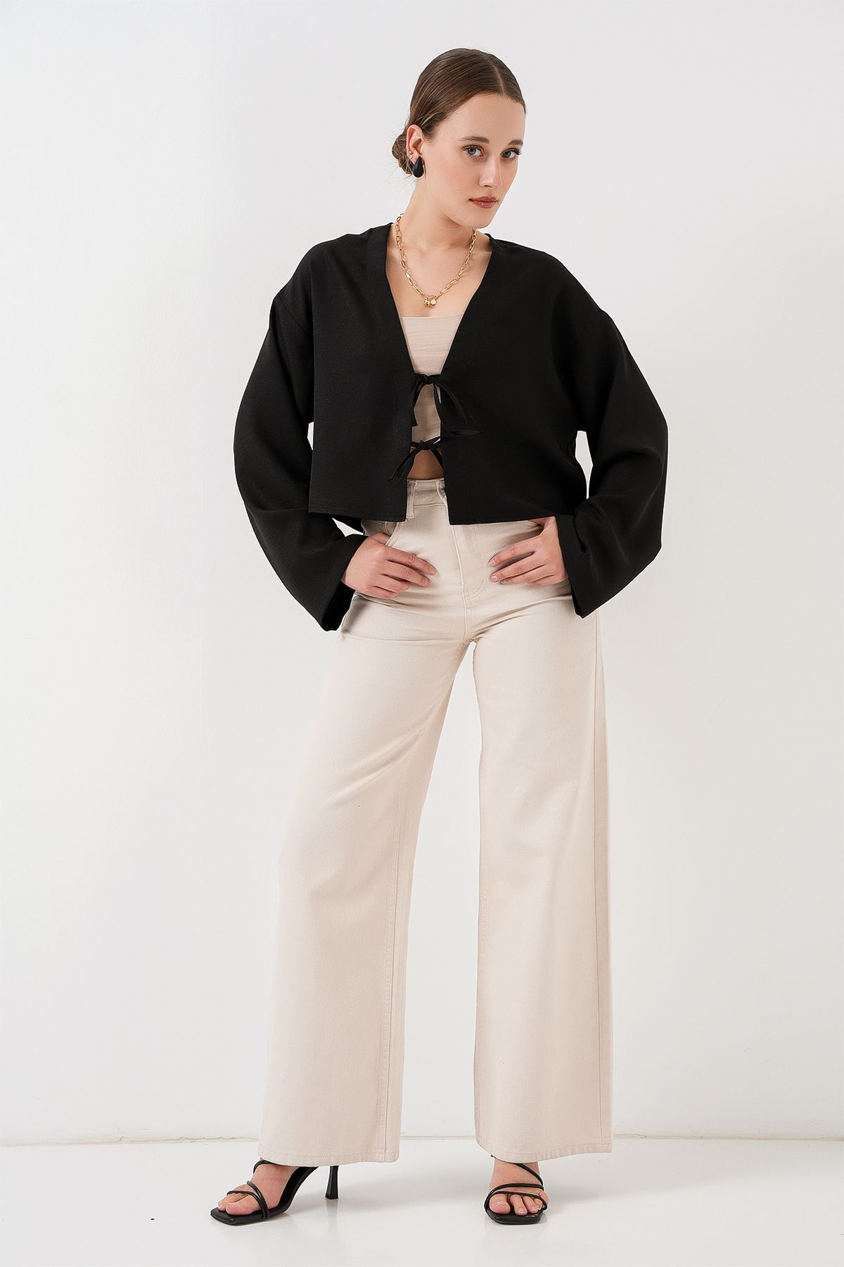 Bigdart-Tied Front Linen Kimono 960 - Black 2