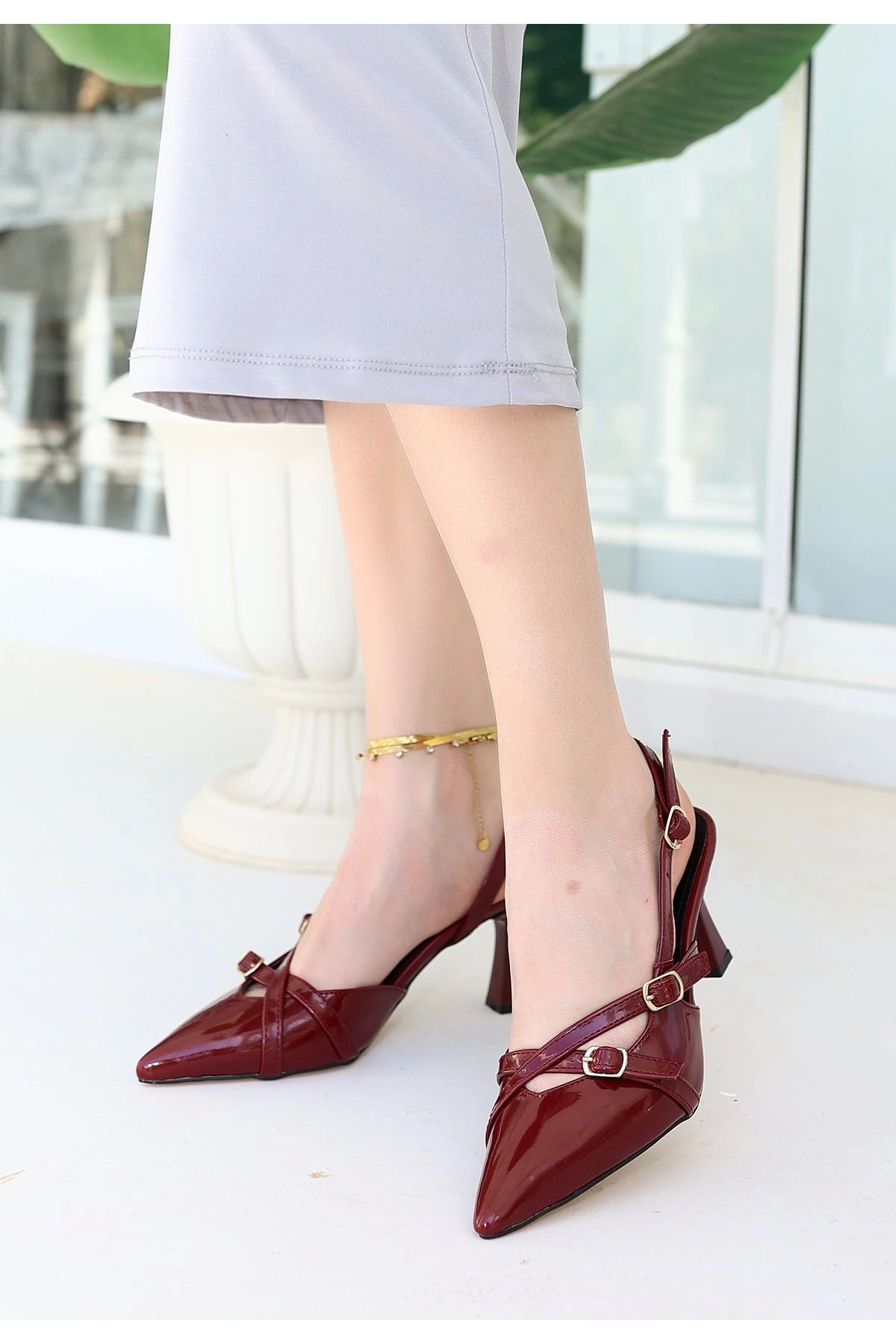 Shop58 Liwan Bordo Rugan Topuklu Ayakkabı