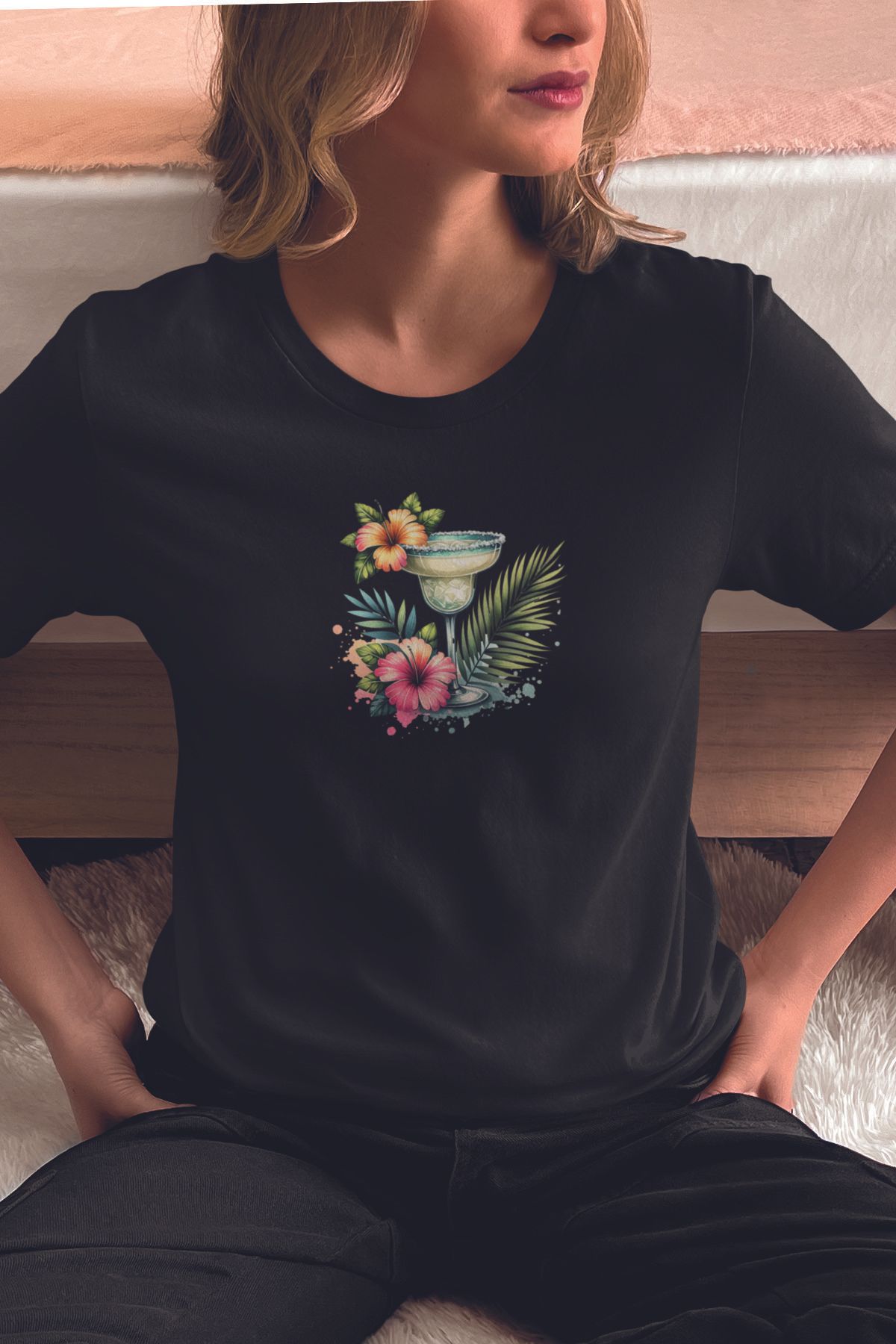 qoeuyl boutique Margarita Kokteyl Ve Tropikal Çiçek Baskılıyaz Temalı Unisex Regular Fit Pamuklu Siyah Tişört
