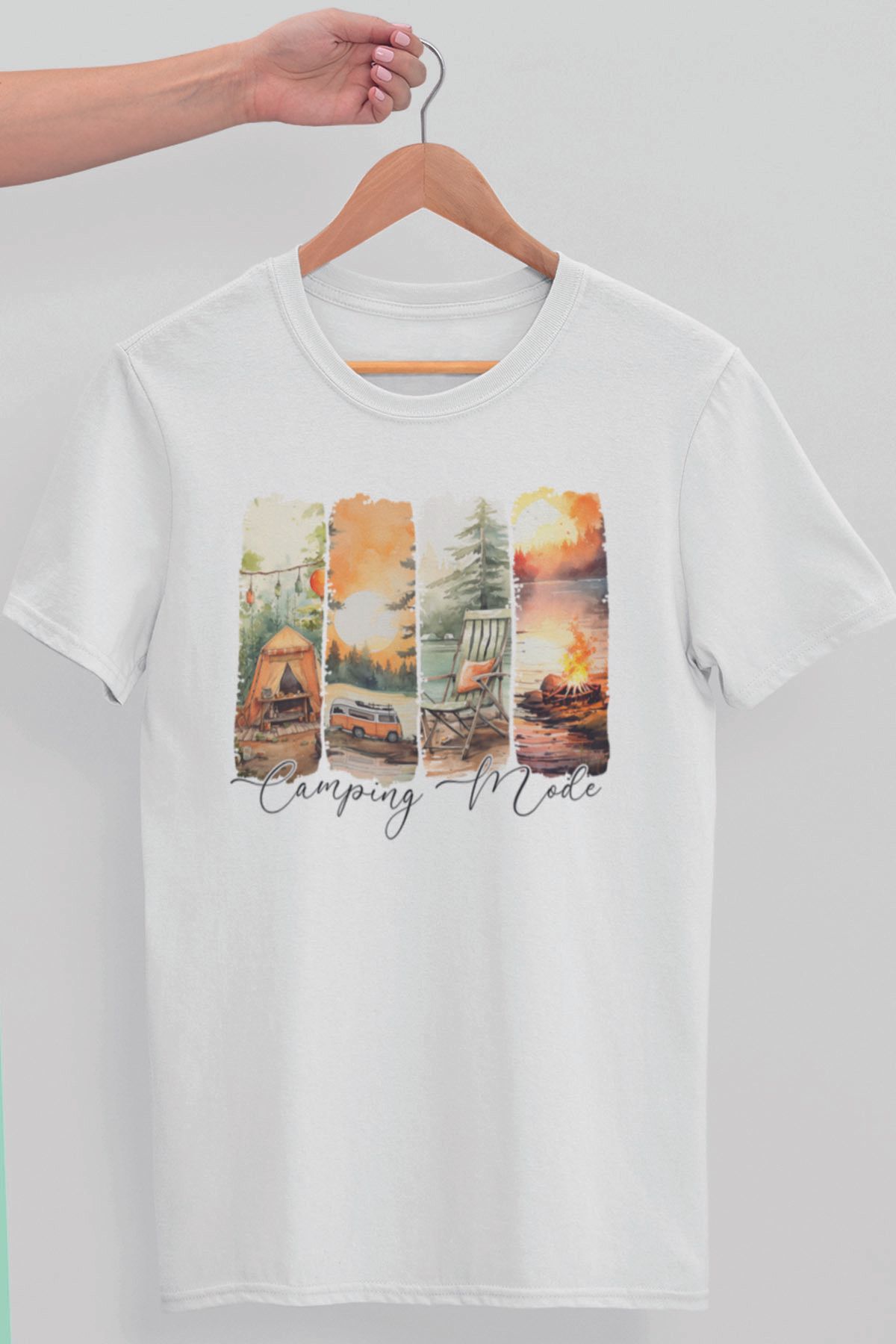 qoeuyl boutique Camping Mode Baskılıyaz Temalı Unisex Regular Fit Pamuklu Beyaz Tişört