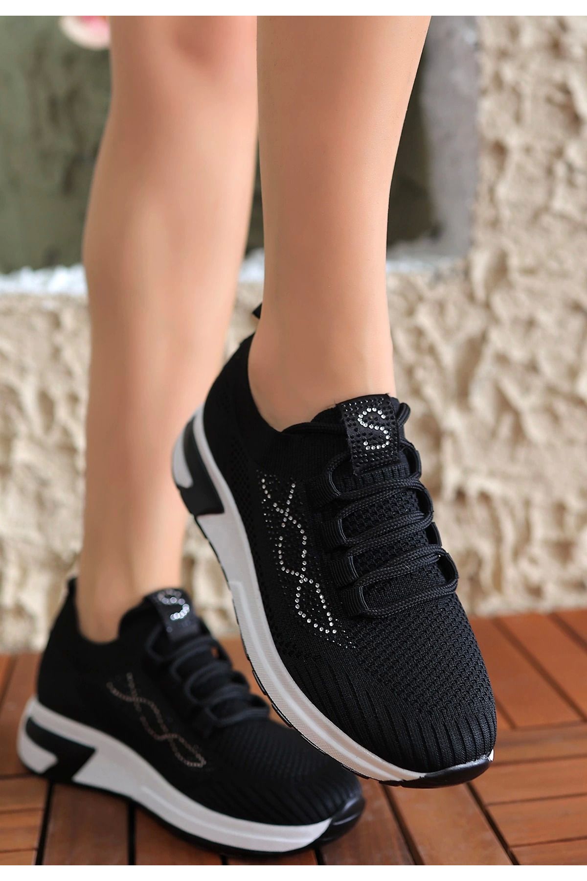 Shop58 Siyah Triko Bağcıklı Spor Ayakkabı