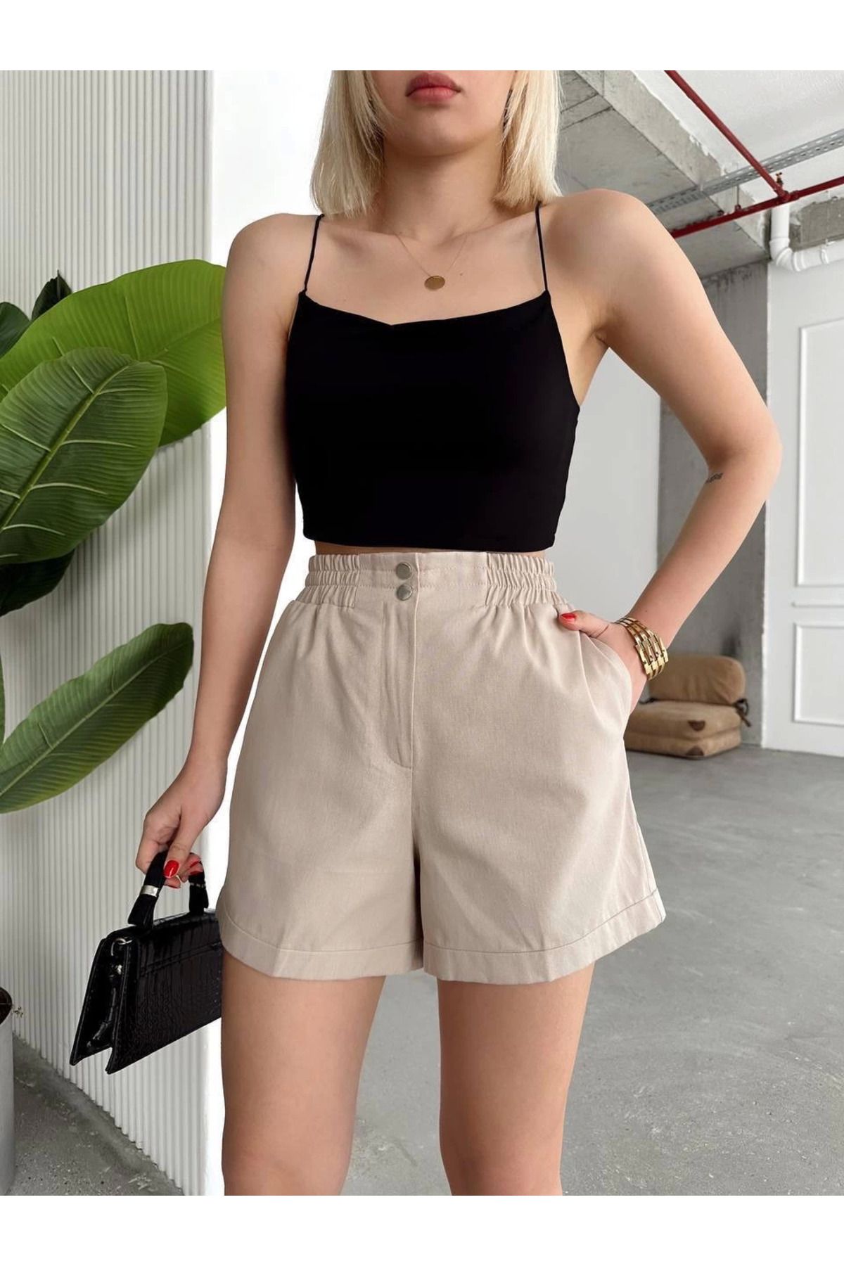 POLEXP Çıtçıtlı gabardin şort