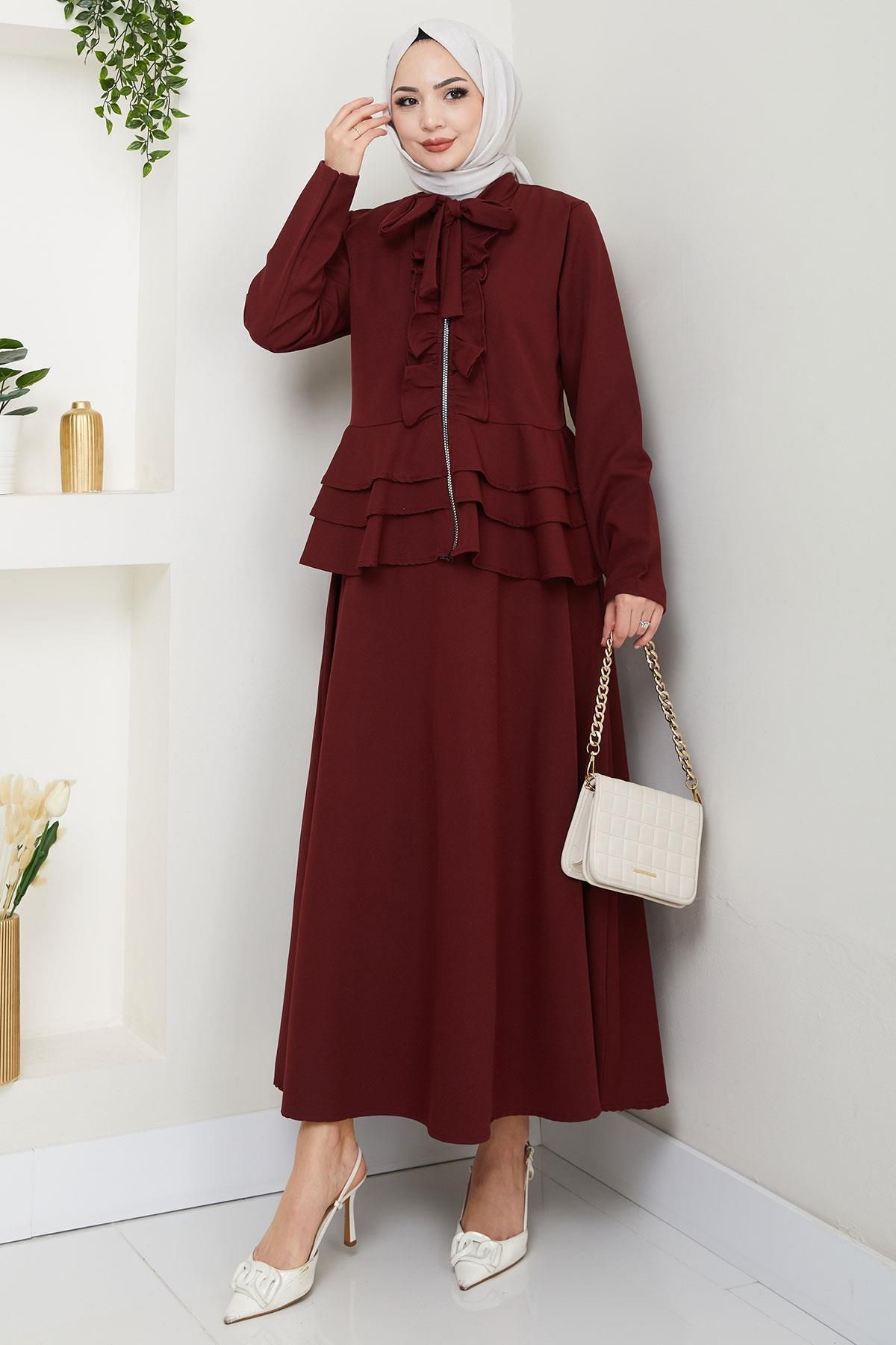hafsamina Fırfırlı Etekli Takım Bordo HM2722