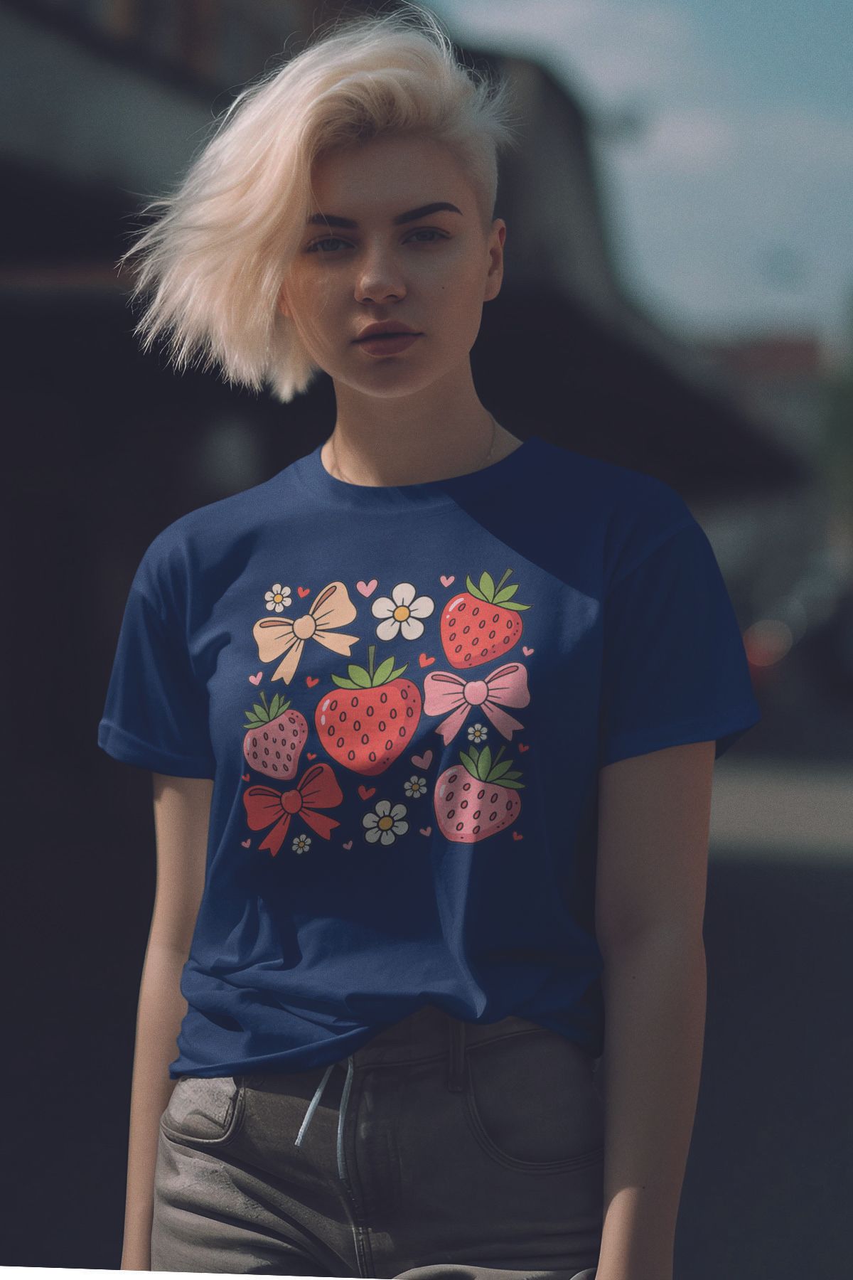 qoeuyl boutique Çilek Ve Kurdele No:3 Baskılıyaz Temalı Unisex Regular Fit Pamuklu Lacivert Tişört