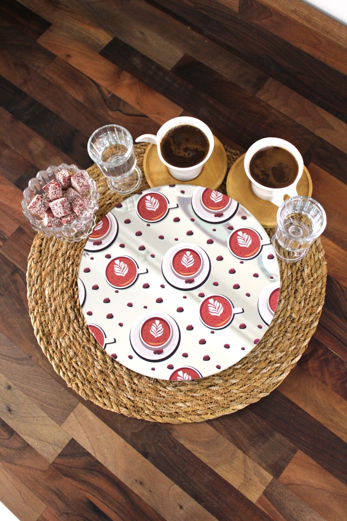 LudenHome Kahve Sunumluk Tepsi Gerçek Ayna Ahşap Ayaklı 23 Cm