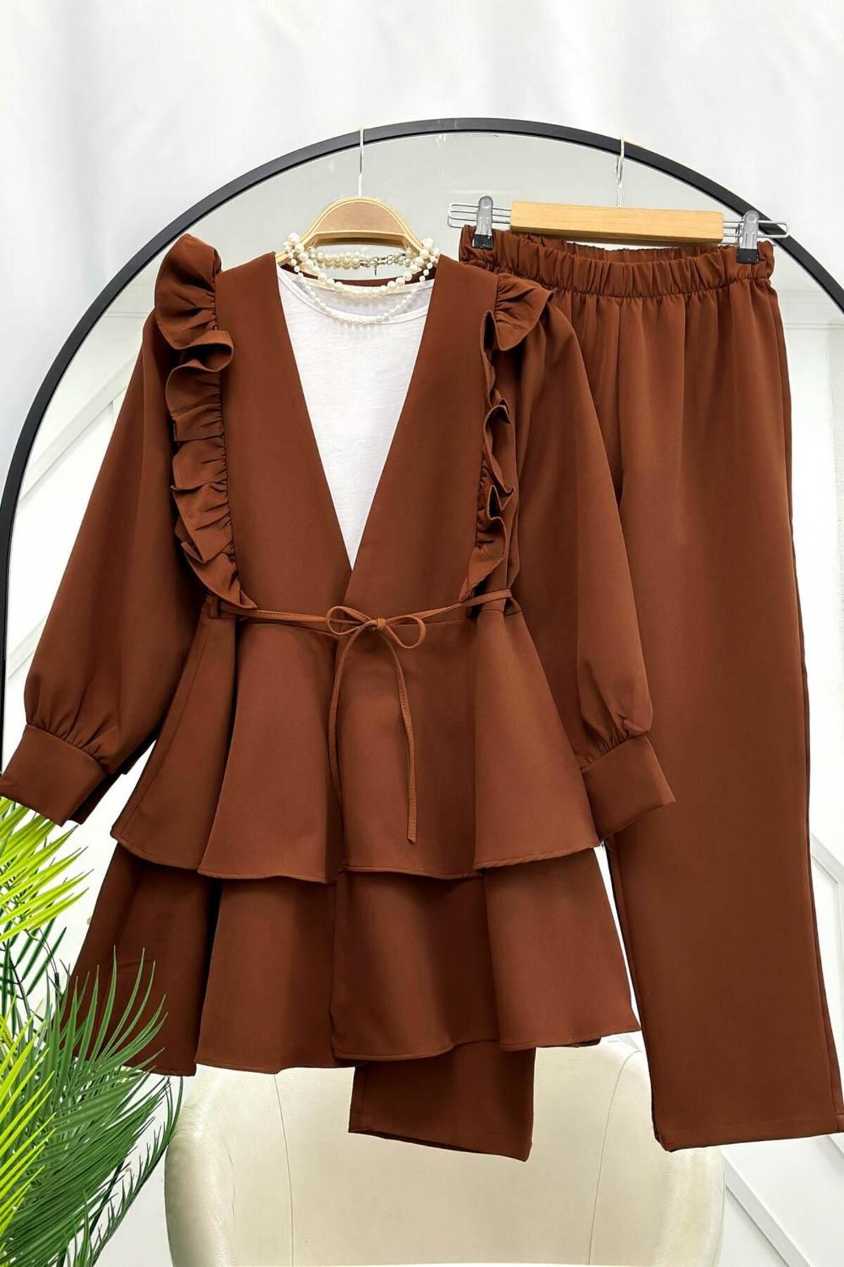 Lucia Fashion Fırfırlı Kuşaklı Tunik Pantolon İkili Takım