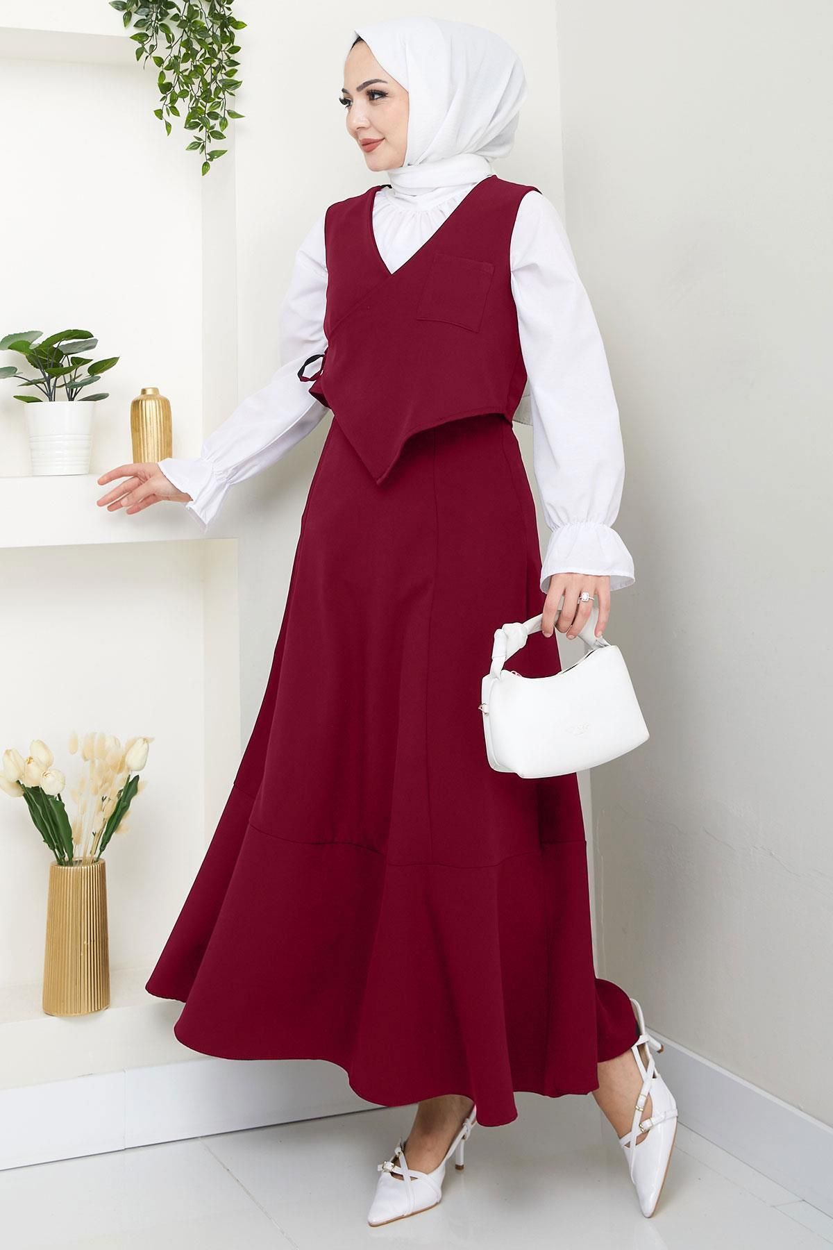 hafsamina Yandan Bağlamalı Yelekli Takım Bordo HM2723