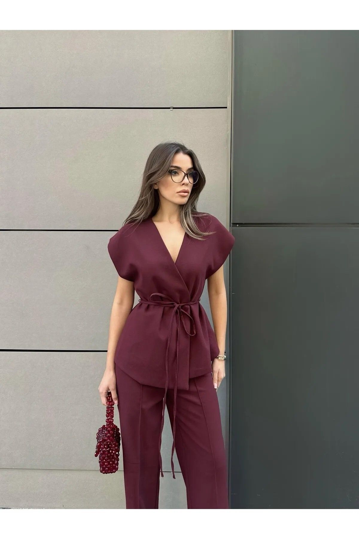 Zoe Zoe Tasarım Yelek Pantolon Takım - Düğmeli ve Belden Bağcıklı
