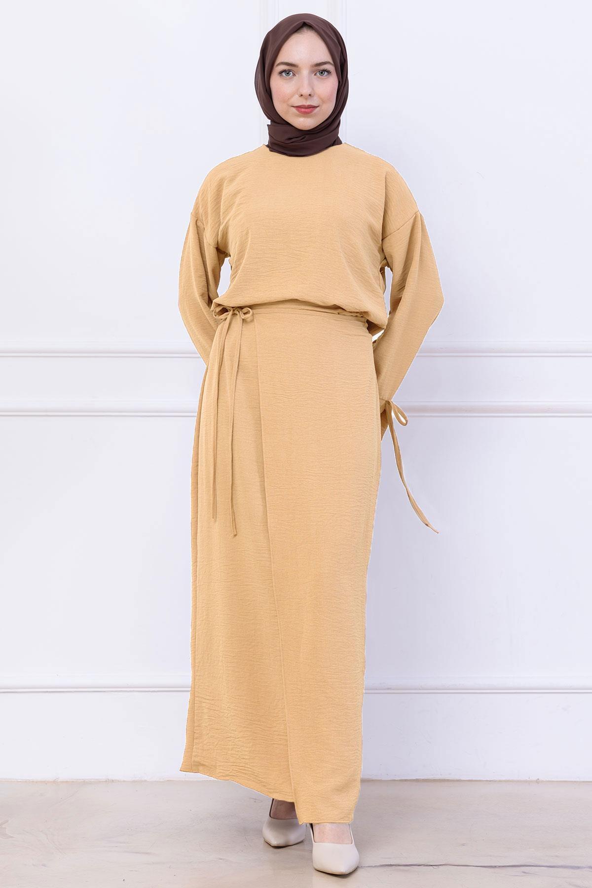 hafsamina-Side Tie Ayrobin Skirt Suit Beige Hm2738 7