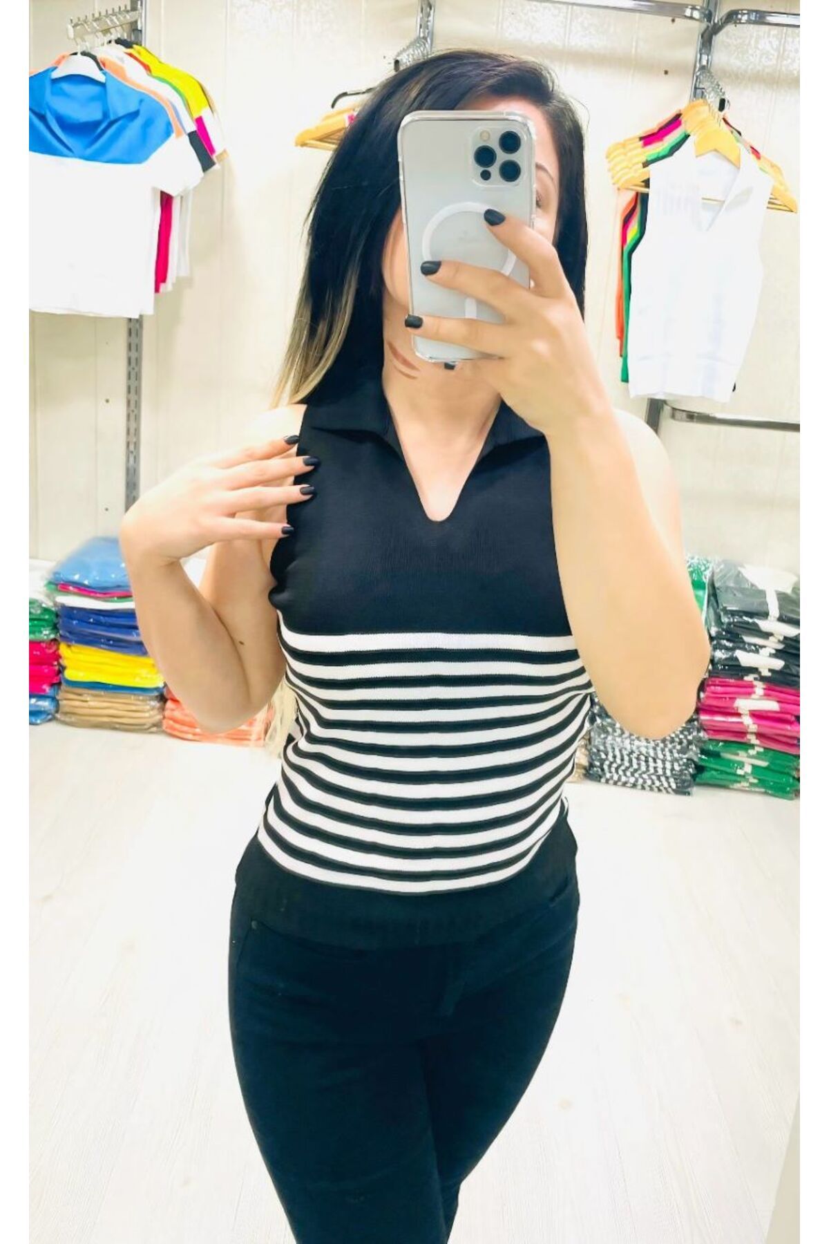 Butik ZEYOO COLLECTİON Kadın Polo Yaka Çizgi Detaylı Bluz