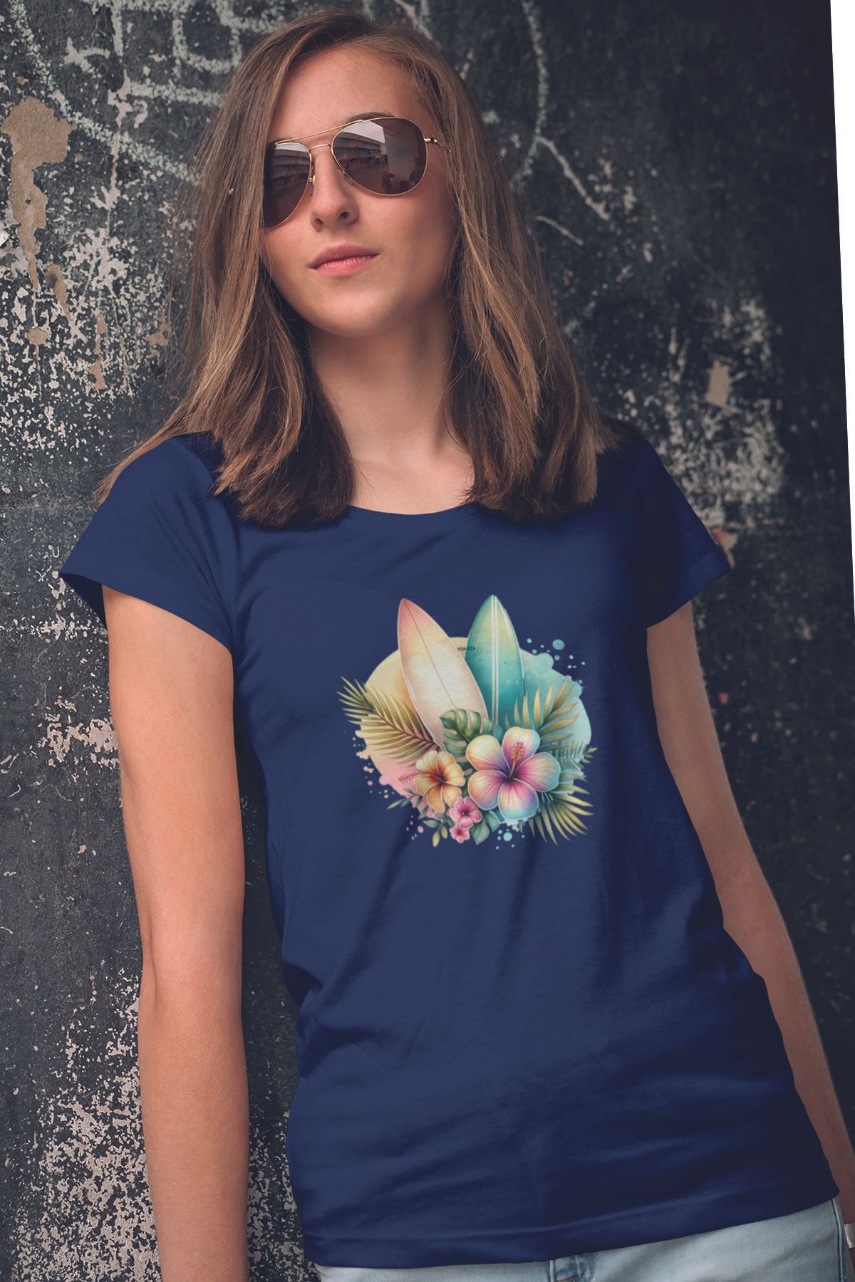 qoeuyl boutique Renkli Okyanus Çiçekler Baskılıyaz Temalı Unisex Regular Fit Pamuklu Lacivert Tişört