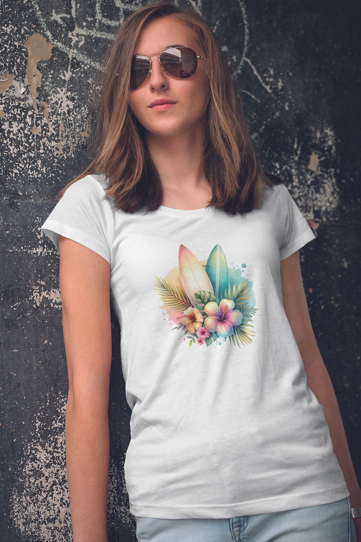 qoeuyl boutique Renkli Okyanus Çiçekler Baskılıyaz Temalı Unisex Regular Fit Pamuklu Beyaz Tişört
