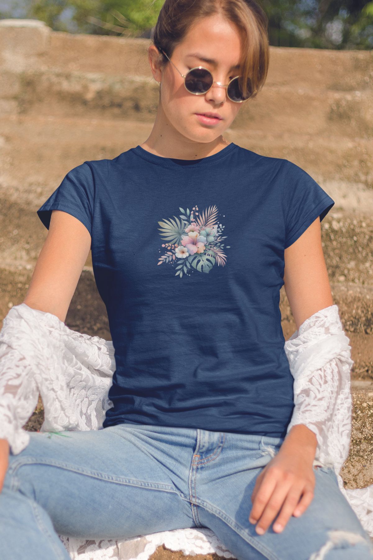qoeuyl boutique Tropikal Çiçekler Baskılıyaz Temalı Unisex Regular Fit Pamuklu Lacivert Tişört