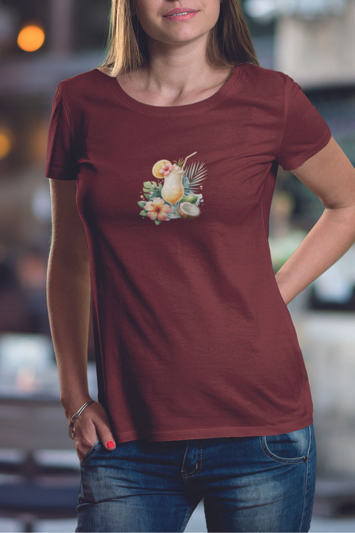 qoeuyl boutique Tropikal Kokteyl Baskılıyaz Temalı Unisex Regular Fit Pamuklu Bordo Tişört