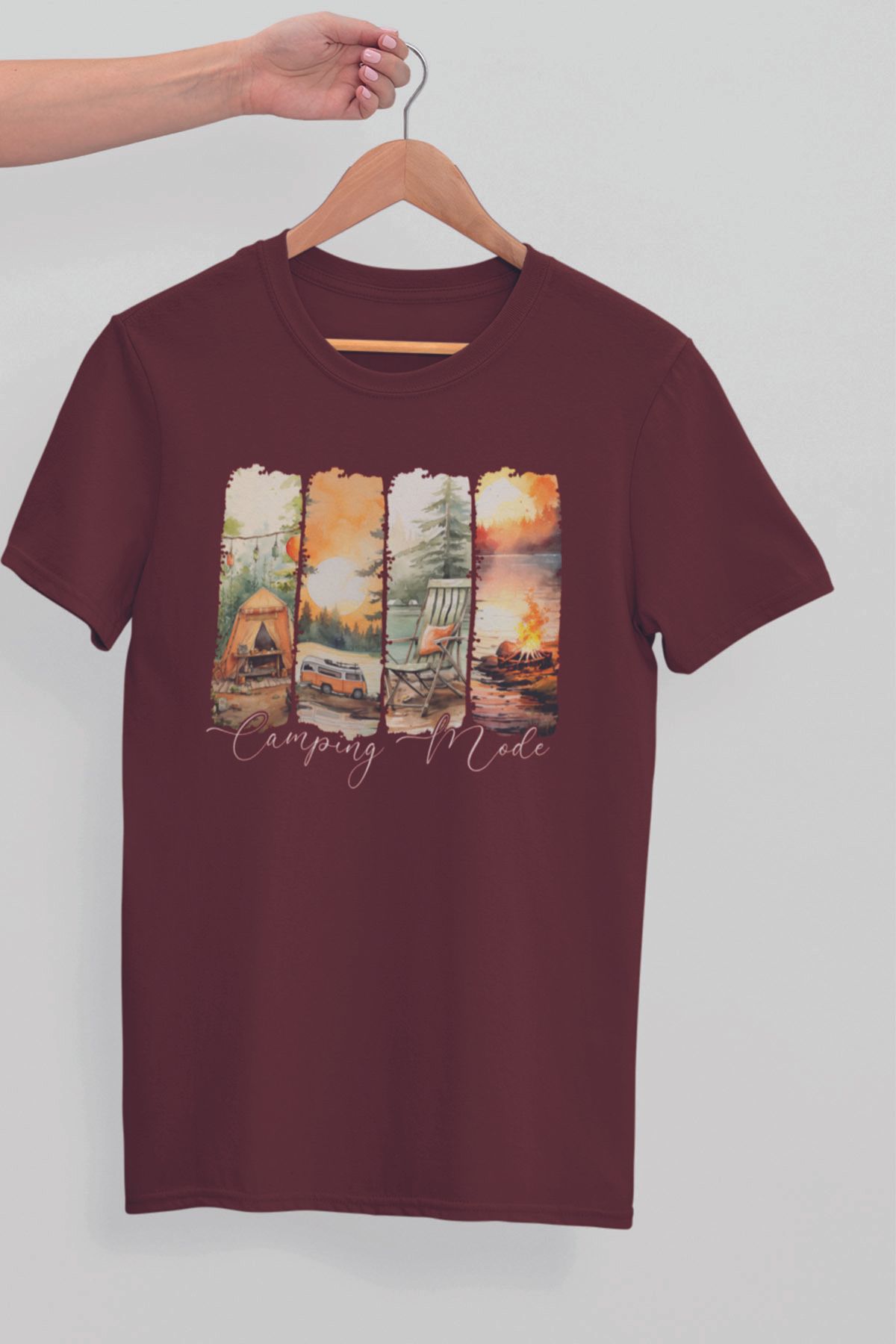 qoeuyl boutique Camping Mode Baskılıyaz Temalı Unisex Regular Fit Pamuklu Bordo Tişört