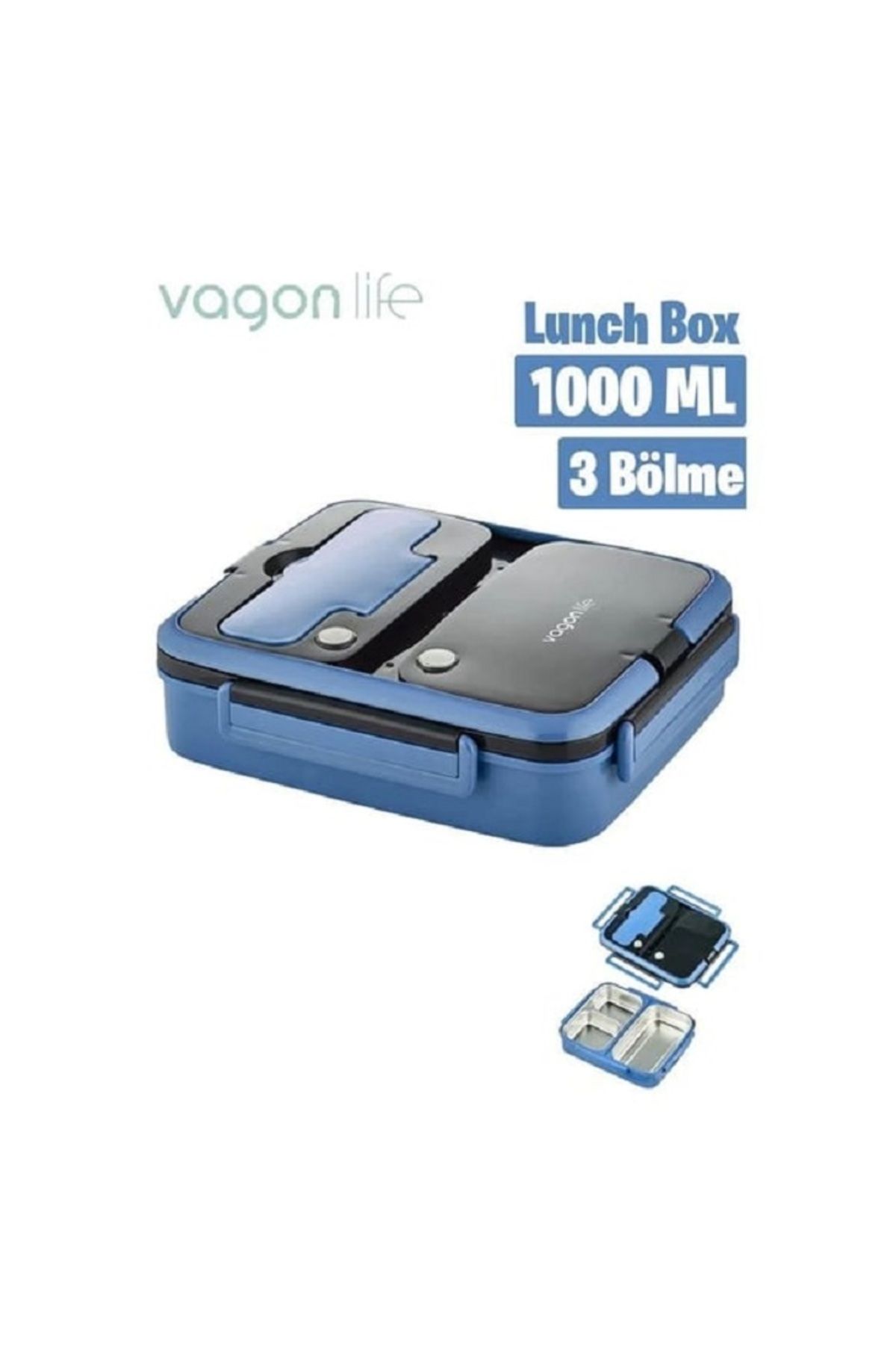 Vagonlife BL10164 1000ml Mavi 3 Bölmeli Çelik Saklama Kabı