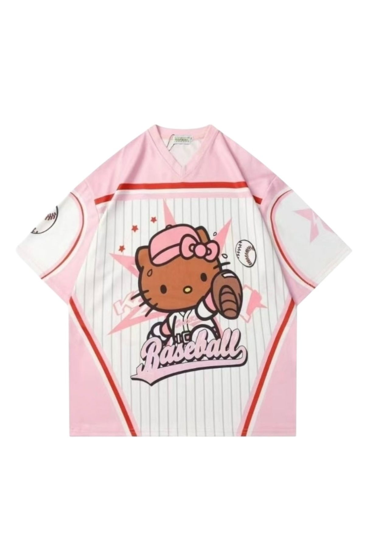 Aesthia Pembe V Yaka Hello Kitty Baseball Jersey T-shirt
