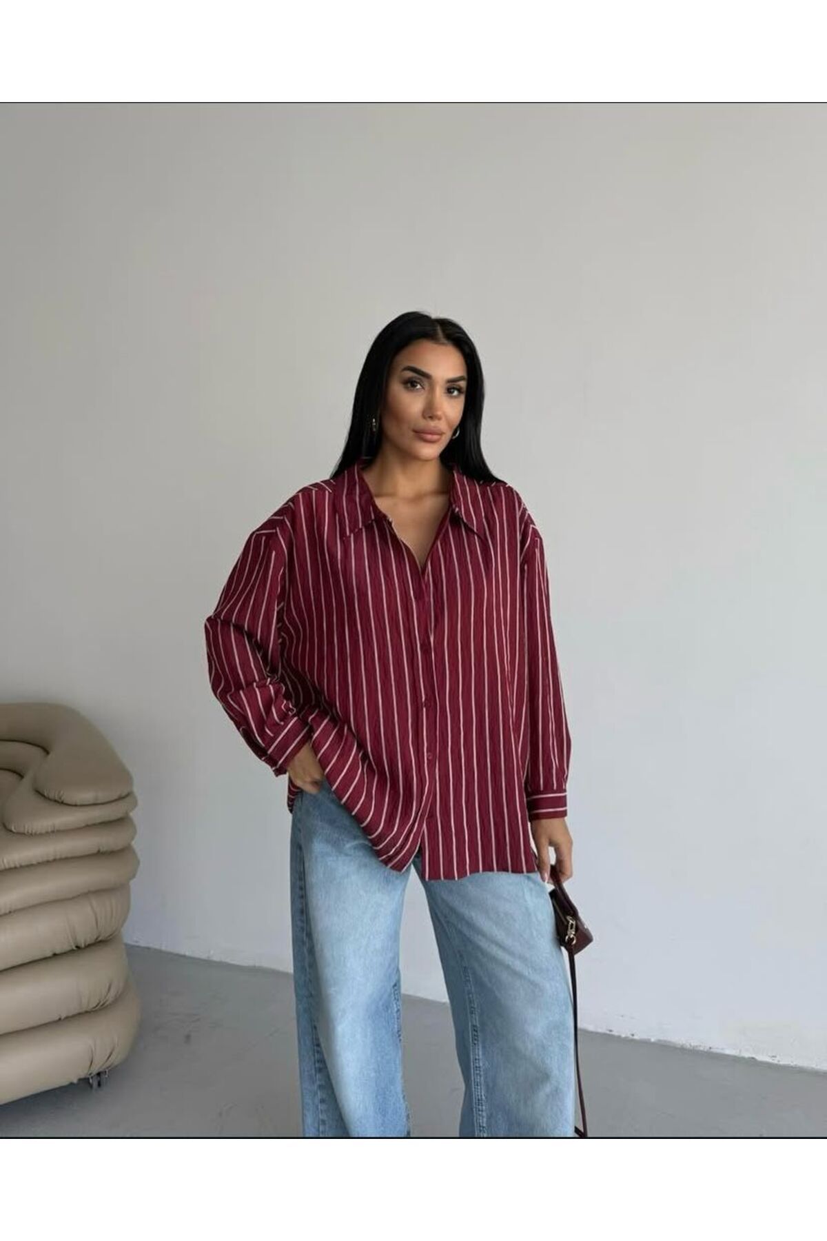 Paydey Bordo Çizgili Oversize Gömlek