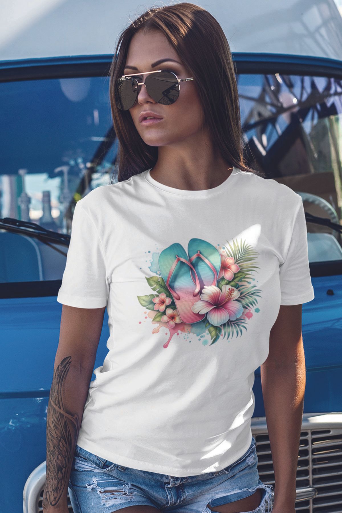 qoeuyl boutique Renkli Sahil No:1 Baskılıyaz Temalı Unisex Regular Fit Pamuklu Beyaz Tişört