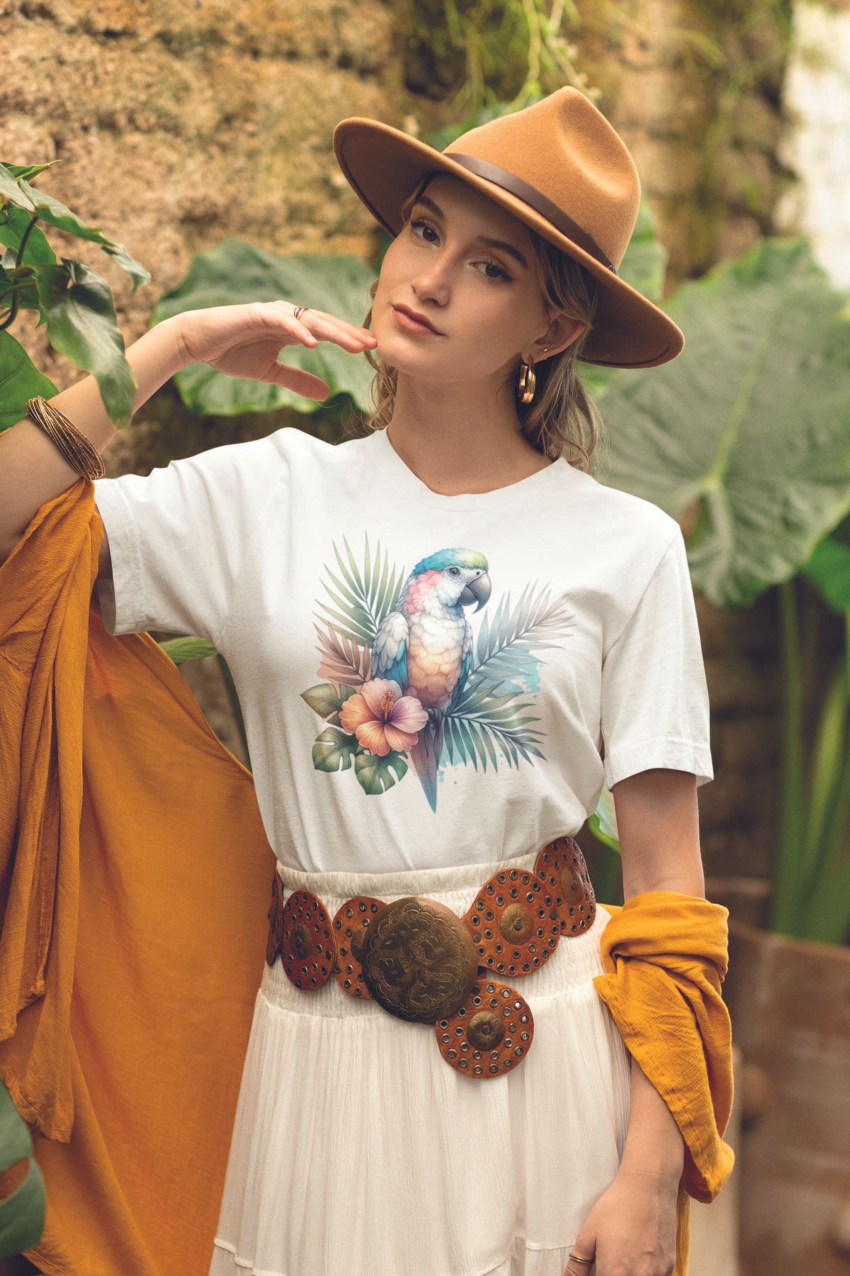 qoeuyl boutique Tropikal Papağan Baskılıyaz Temalı Unisex Regular Fit Pamuklu Beyaz Tişört