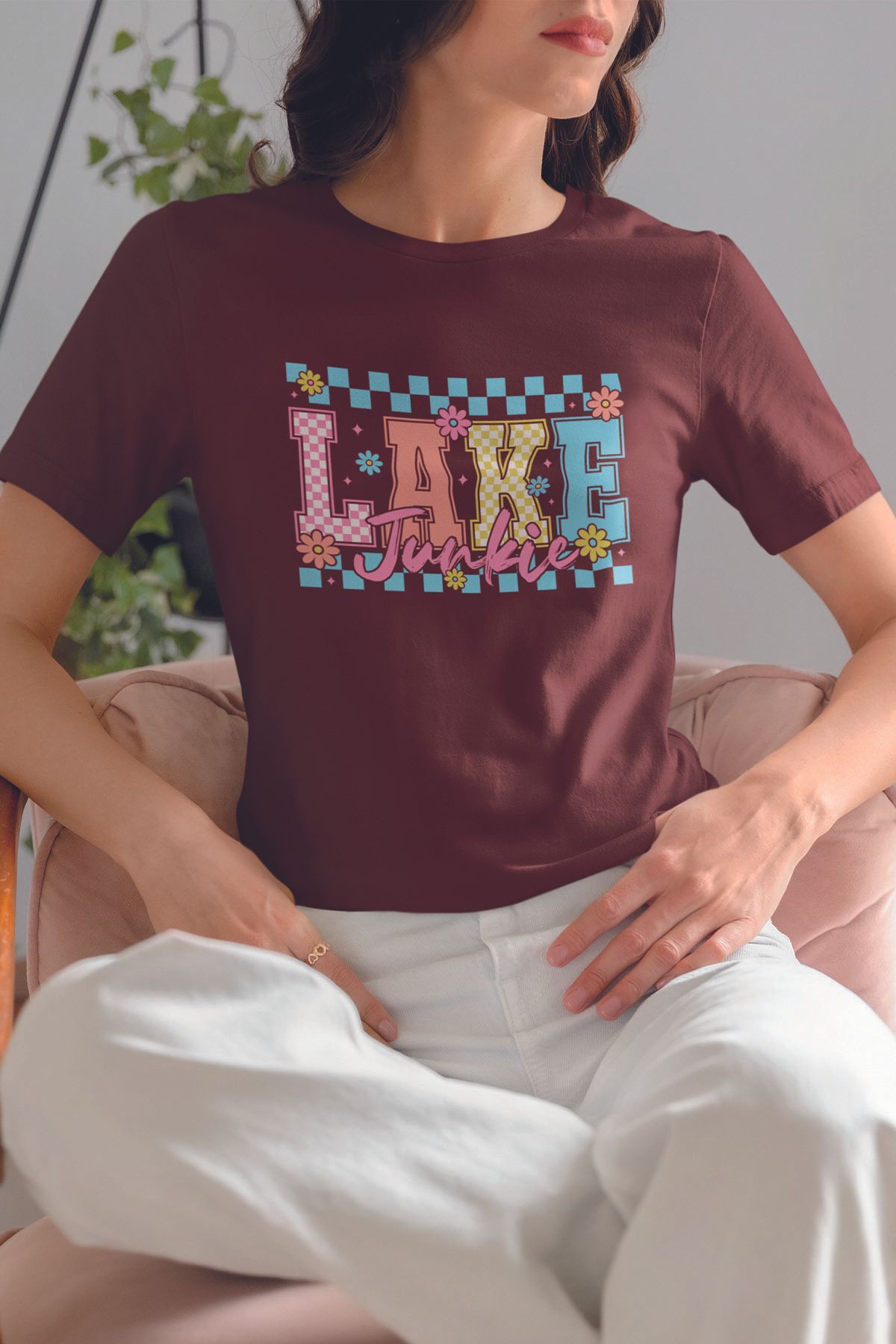 qoeuyl boutique Lake Junkie Baskılıyaz Temalı Unisex Regular Fit Pamuklu Bordo Tişört