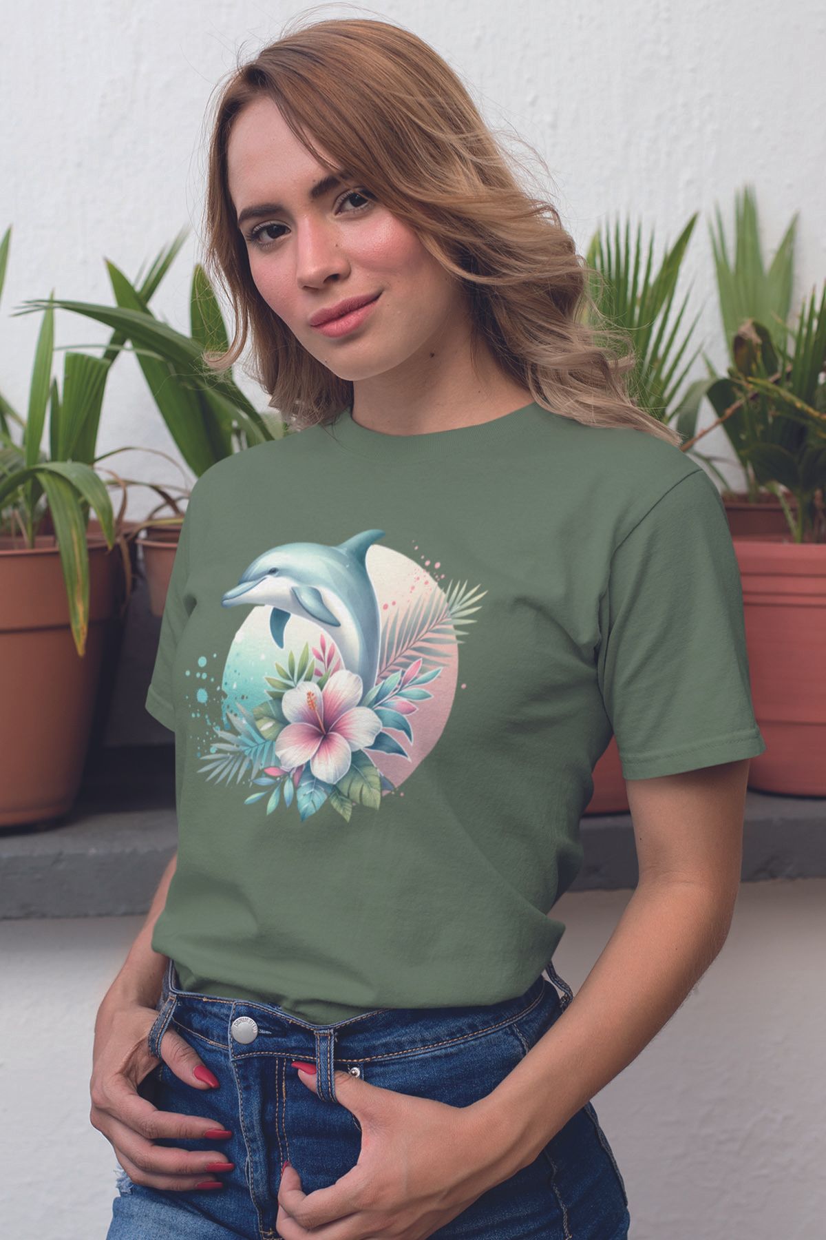 qoeuyl boutique Yunus Ve Çiçekler Baskılıyaz Temalı Unisex Regular Fit Pamuklu Yeşil Tişört