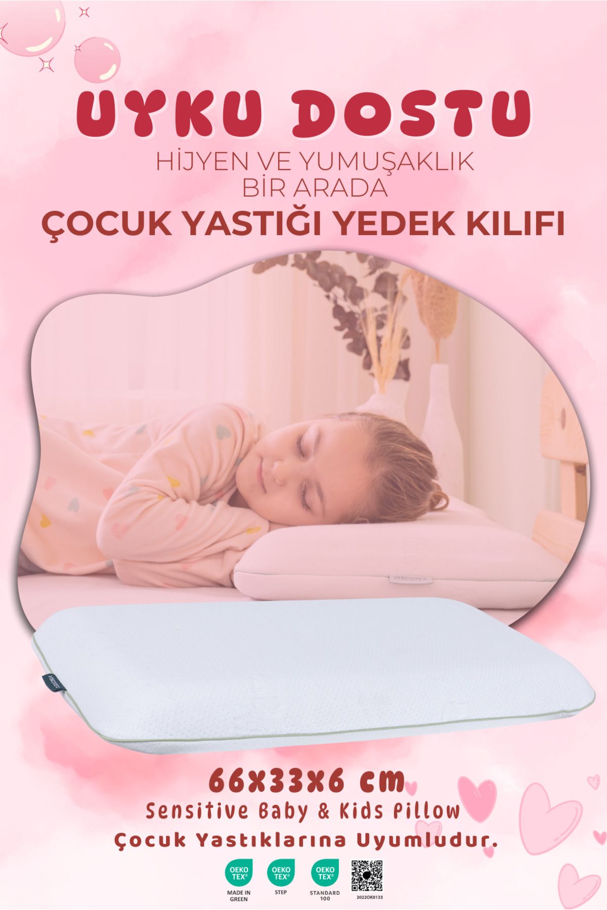VİSCOTEX Aloe Vera - Uyku Dostu Çocuk Yastık Kılıfı, Hijyen Ve Yumuşaklık Bir Arada, 66x33x6cm, Beyaz