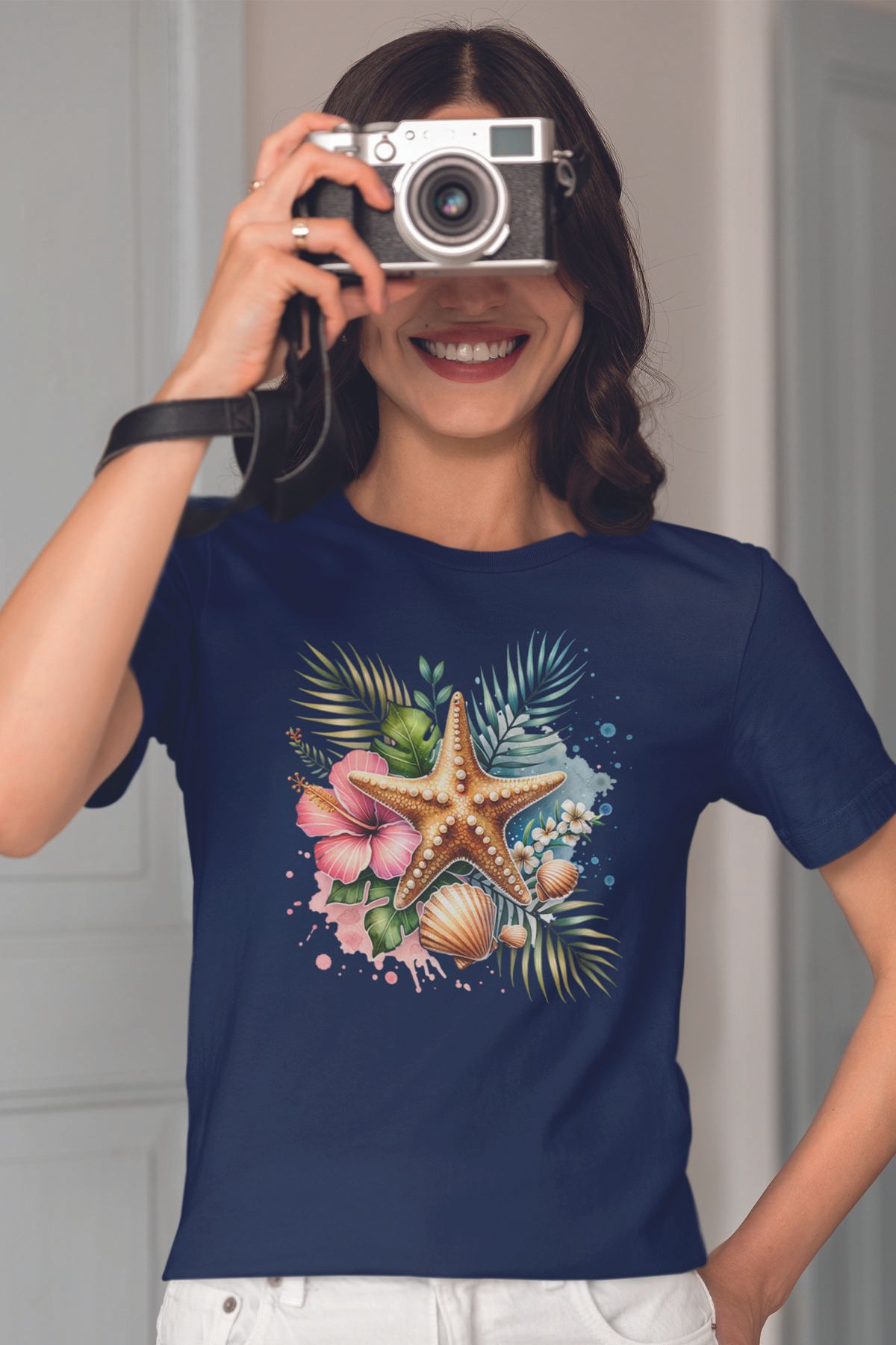 qoeuyl boutique Deniz Yıldızı Baskılıyaz Temalı Unisex Regular Fit Pamuklu Lacivert Tişört