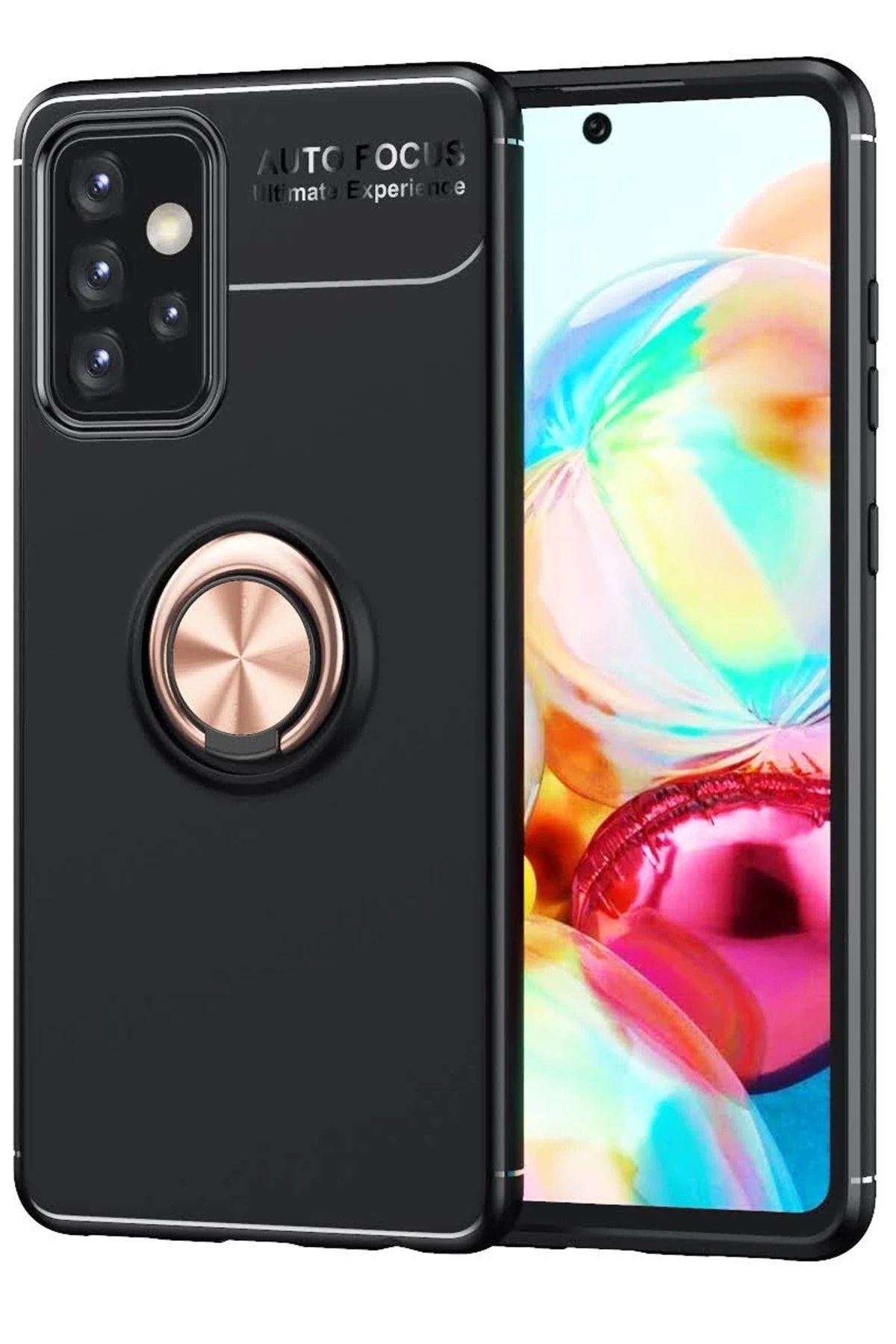 NewFace Samsung Galaxy A72 Kılıf Range Yüzüklü Silikon - Siyah-Gold SVLRS