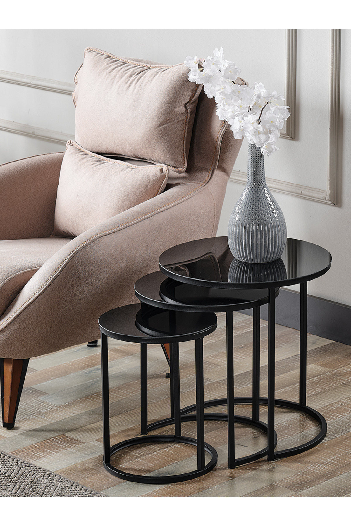 4 Lü Siyah Aynalı Temperli Kırılmaz Cam Siyah Metal Ayaklı Cam C Model Sehpa Takımı (ZİGON VE ORTA)