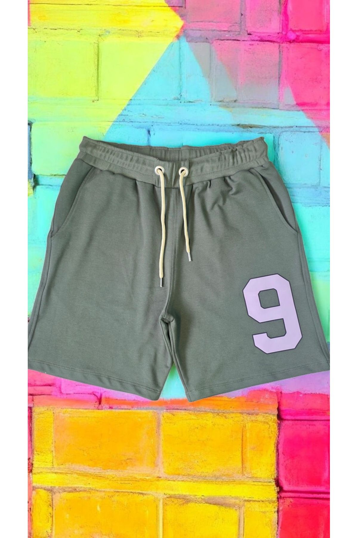 AHMERA Haki Yeşil Unisex Cepli Lastikli 9 Baskılı Şort