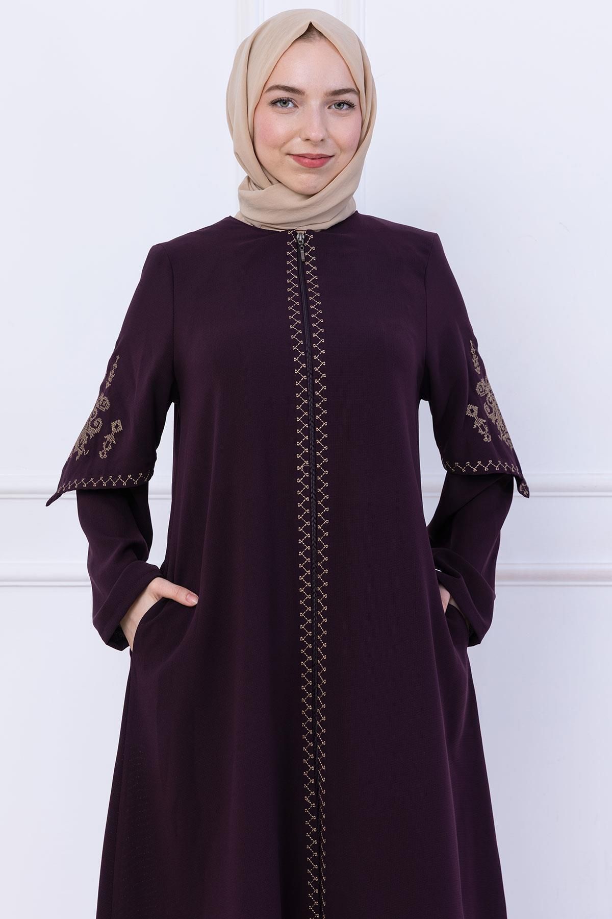 hafsamina Nakış Detaylı Ferace Mürdüm HM2733