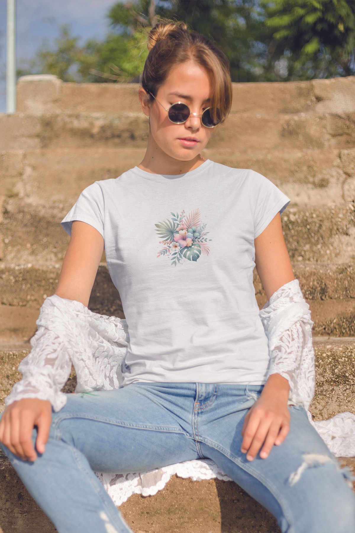 qoeuyl boutique Tropikal Çiçekler Baskılıyaz Temalı Unisex Regular Fit Pamuklu Beyaz Tişört