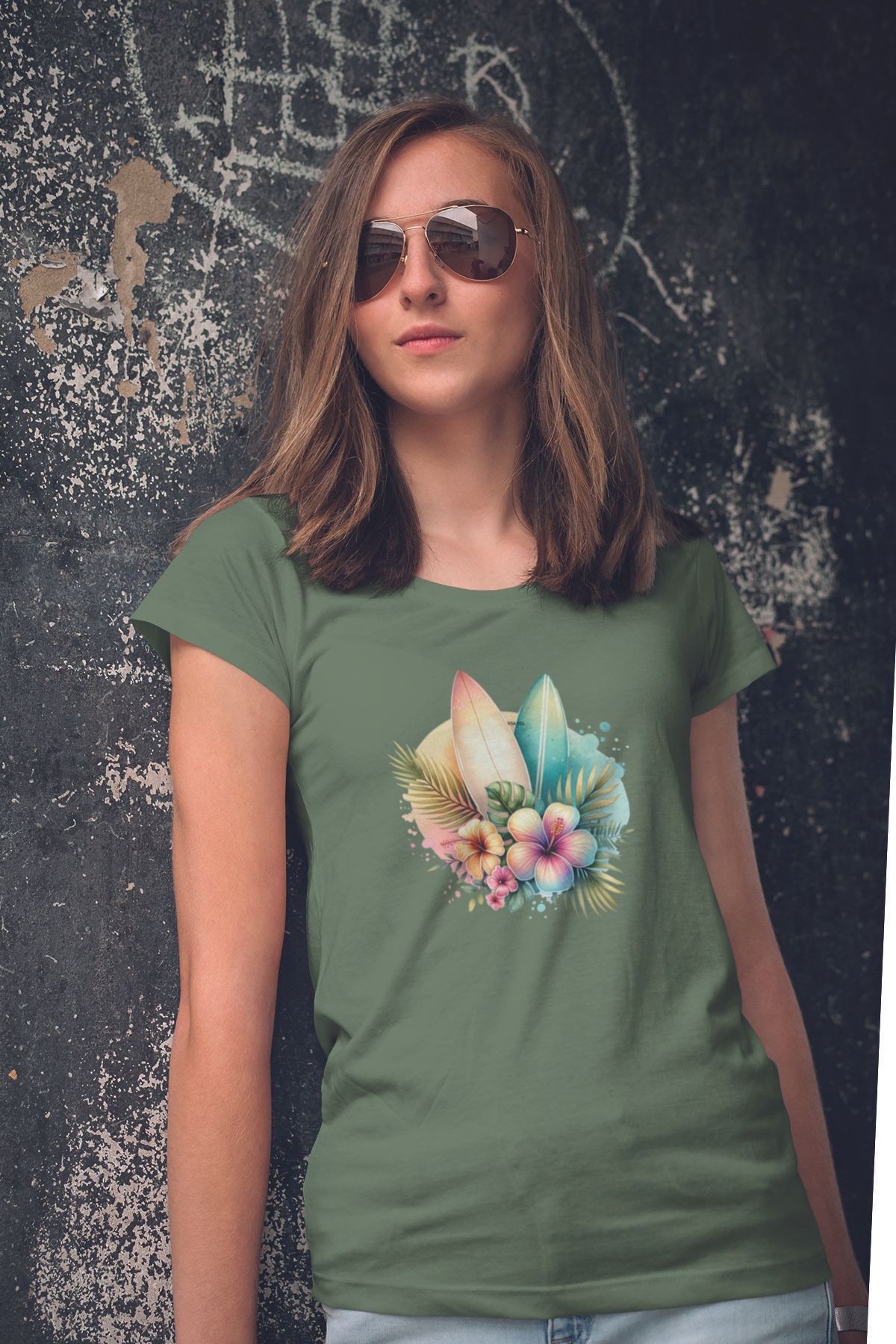 qoeuyl boutique Renkli Okyanus Çiçekler Baskılıyaz Temalı Unisex Regular Fit Pamuklu Yeşil Tişört