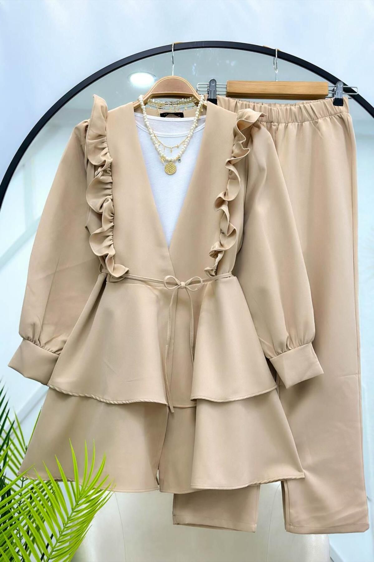 Lucia Fashion Fırfırlı Kuşaklı Tunik Pantolon İkili Takım