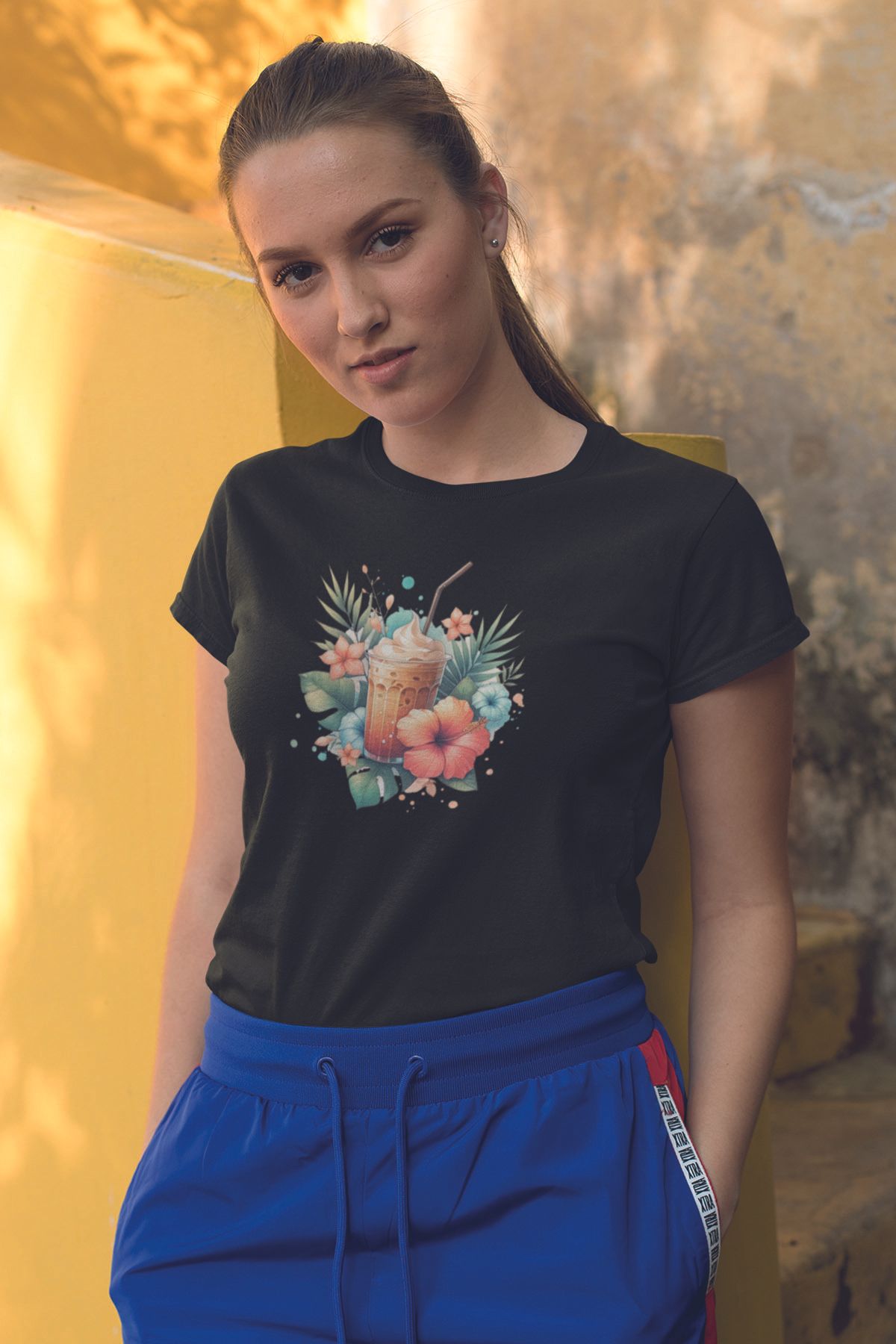 qoeuyl boutique Yaz Kokteyli Baskılıyaz Temalı Unisex Regular Fit Pamuklu Siyah Tişört
