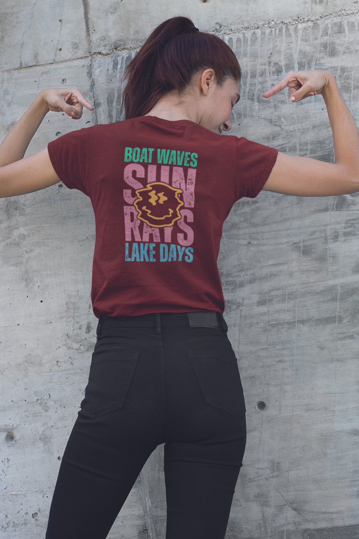 qoeuyl boutique Sırt Baskılı Boat Waves Sun Rays Lake Days Baskılı Unisex Regular Fit Pamuklu Bordo Tişört