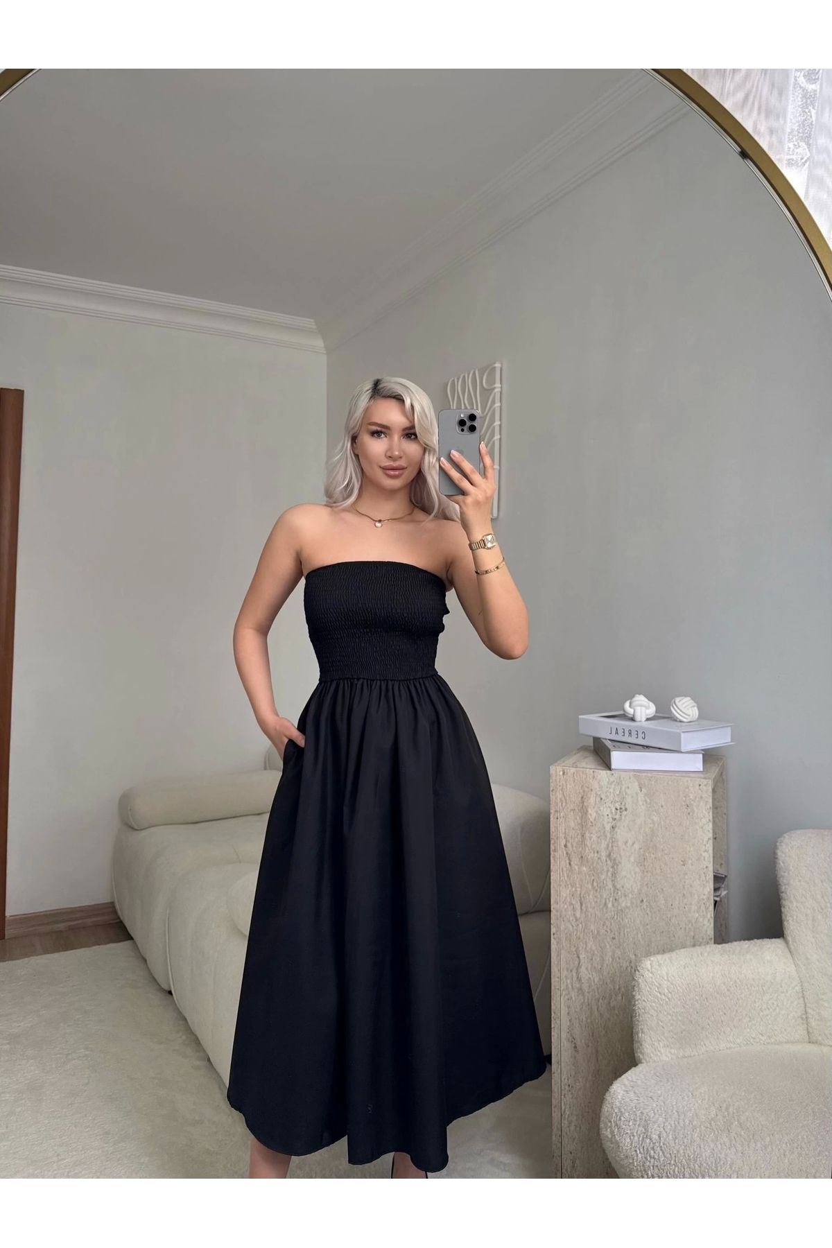 Zora Butik Smock Detay Straplez Midi Elbise - SİYAH