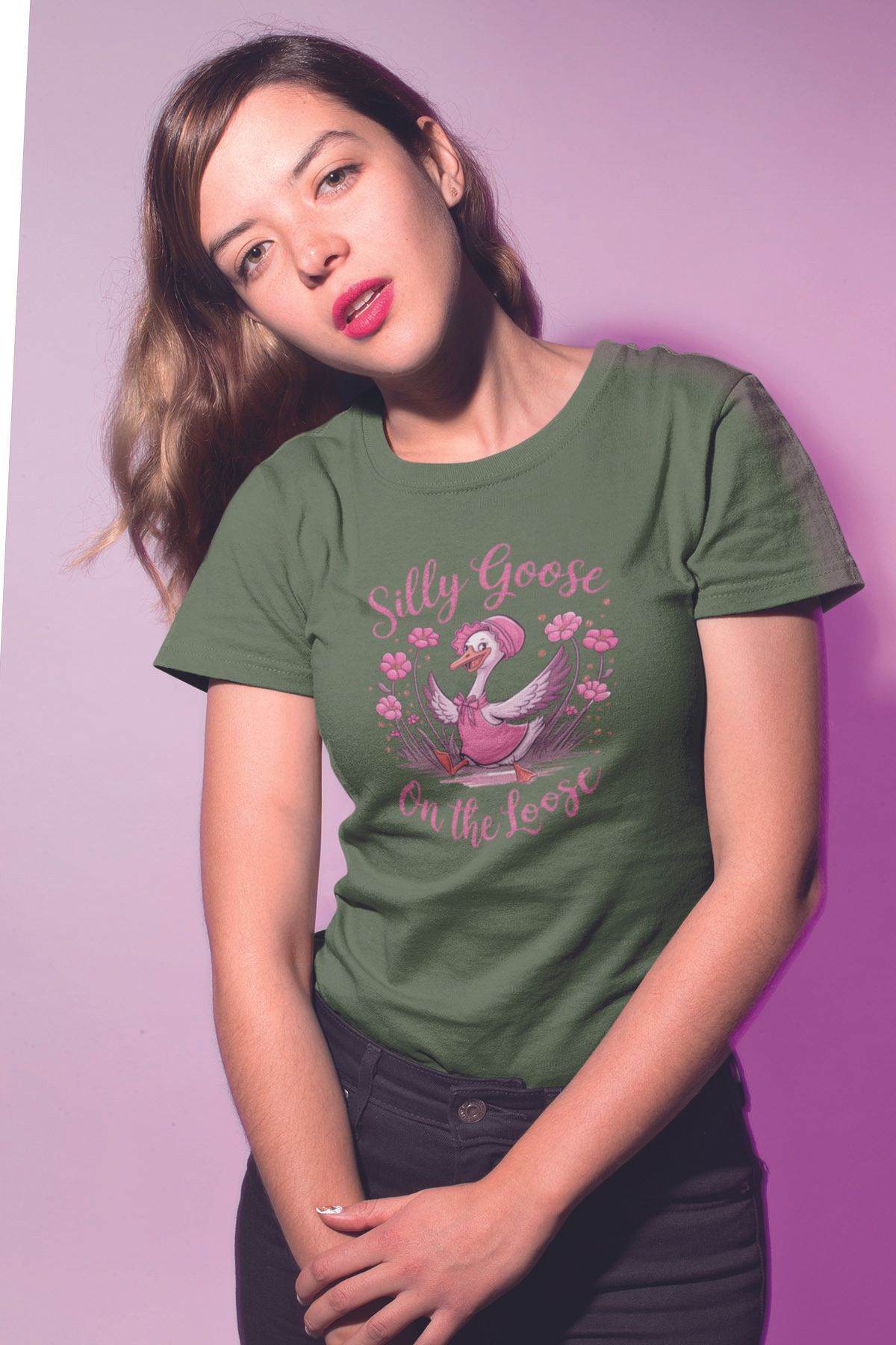 qoeuyl boutique Silly Goose On The Loose Baskılı Unisex Regular Fit Pamuklu Yeşil Tişört
