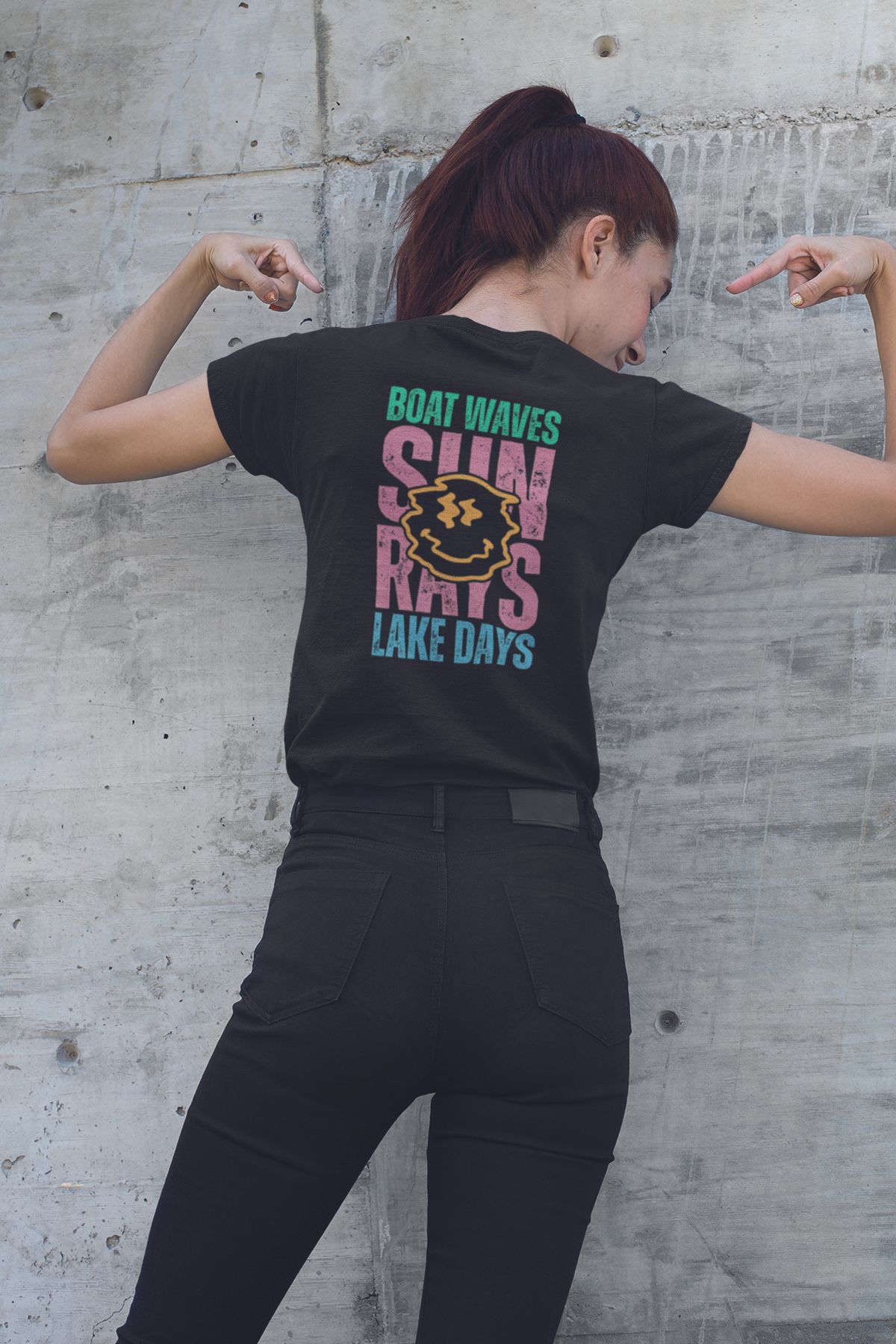 qoeuyl boutique Sırt Baskılı Boat Waves Sun Rays Lake Days Baskılı Unisex Regular Fit Pamuklu Siyah Tişört