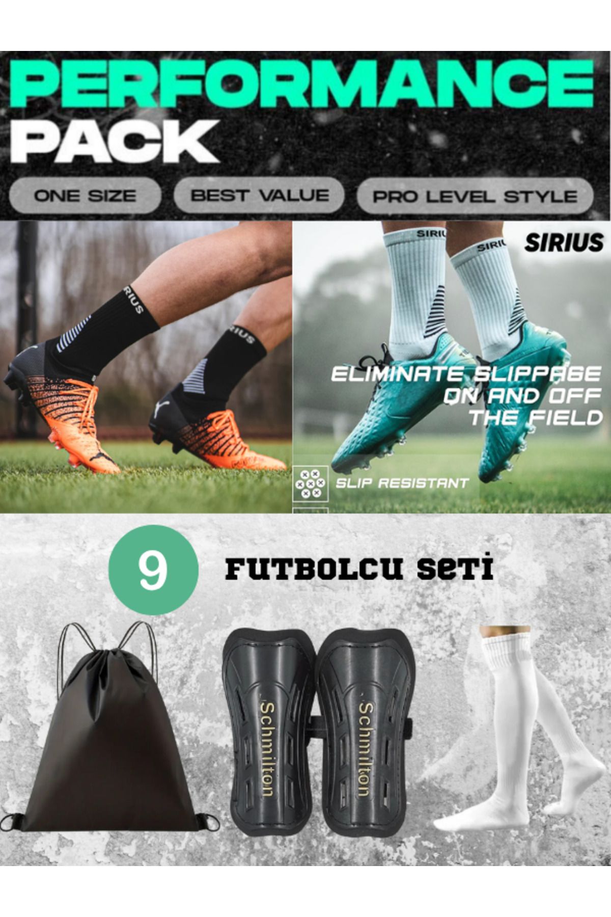 Bellanora 9'lu Futbol Maç Kauçuk Taban Kaydırmaz Siyah&Beyaz Çorap& Tekmelik &Tozluk& Çantalı Antrenman Seti