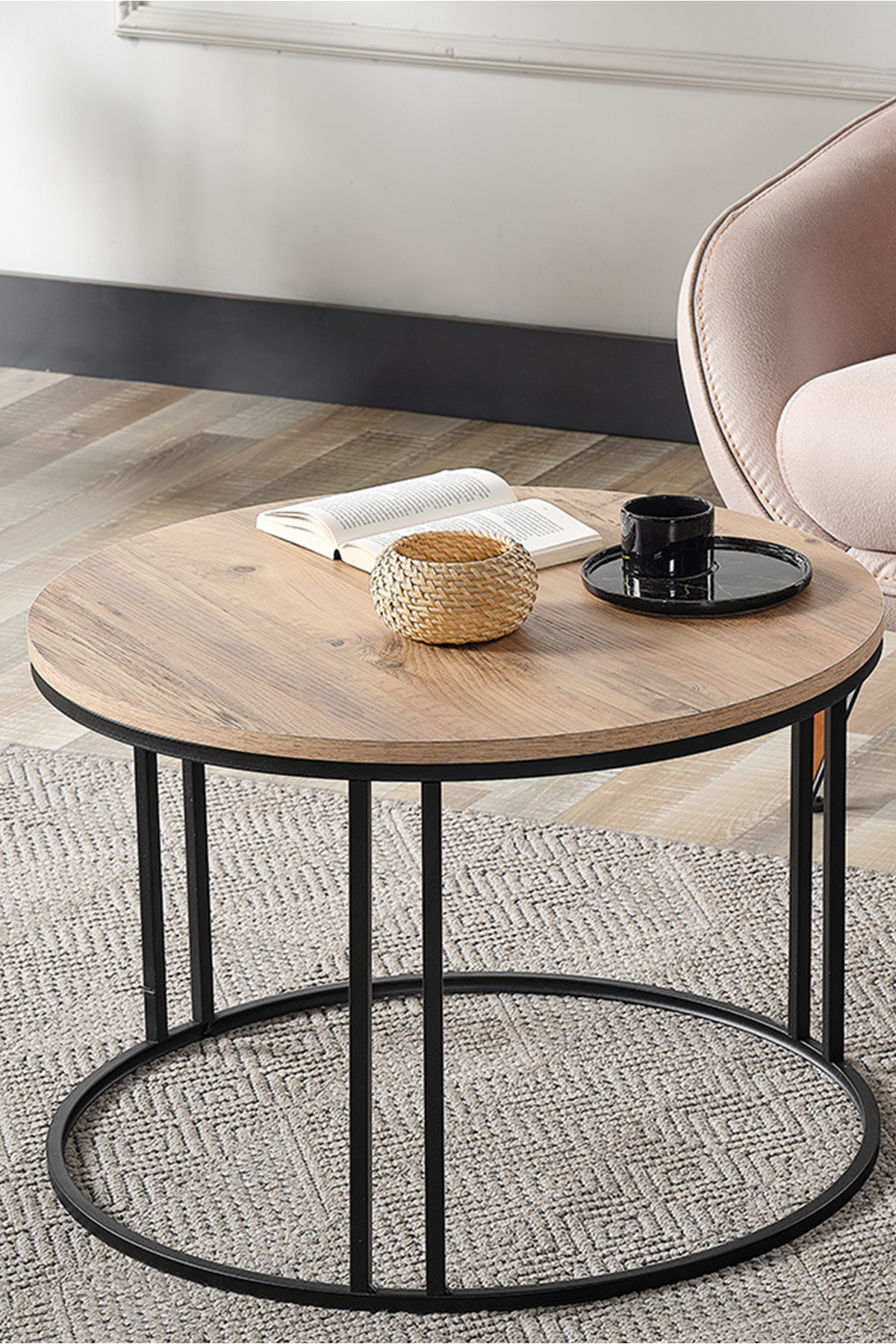 4 Lü Açık Ceviz (SUNTALAM) Siyah Metal Ayaklı Cam C Model Sehpa Takımı (ZİGON VE ORTA)