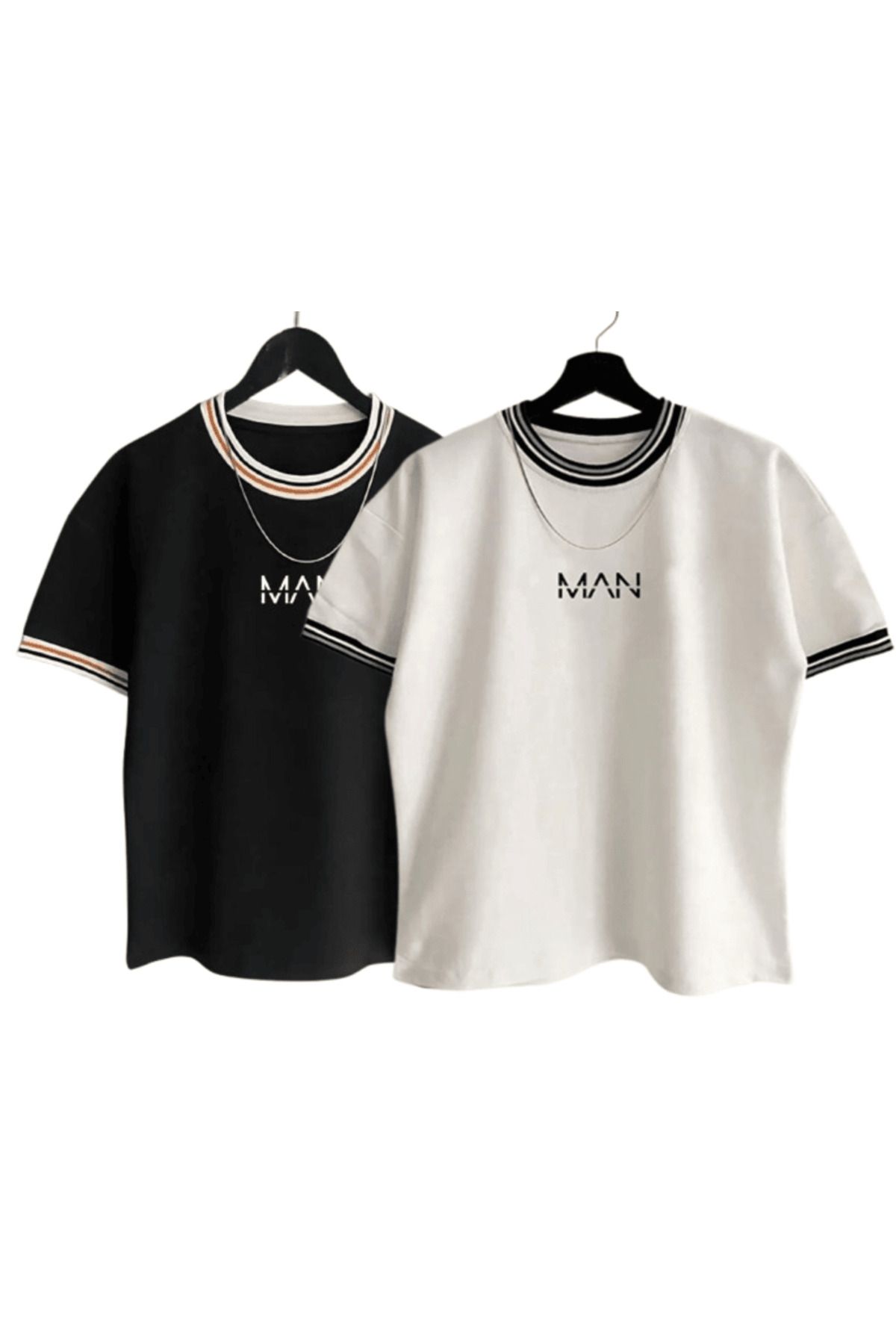 DWN WEAR Unisex Yeni Sezon Oversize Kalıp Yaka Ve Kol Detaylı Yazlık Kumaş 2'LİSiyah-Beyaz T-shirt