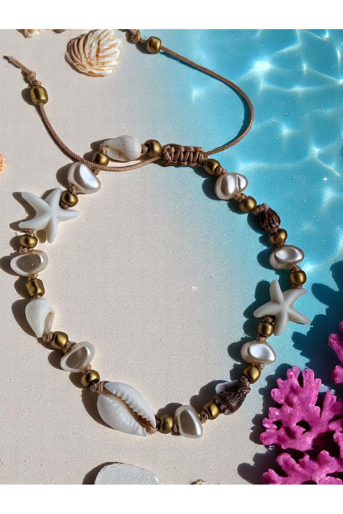 Amabel Jewelerys Midye Kabuğu, İnci ve Deniz Yıldızı Detaylı Gold Kadın Halhal