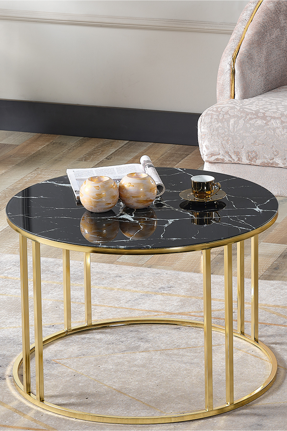 4 Lü Siyah Mermer Temperli Kırılmaz Cam Gold Metal Ayaklı Cam C Model Sehpa Takımı (ZİGON VE ORTA)