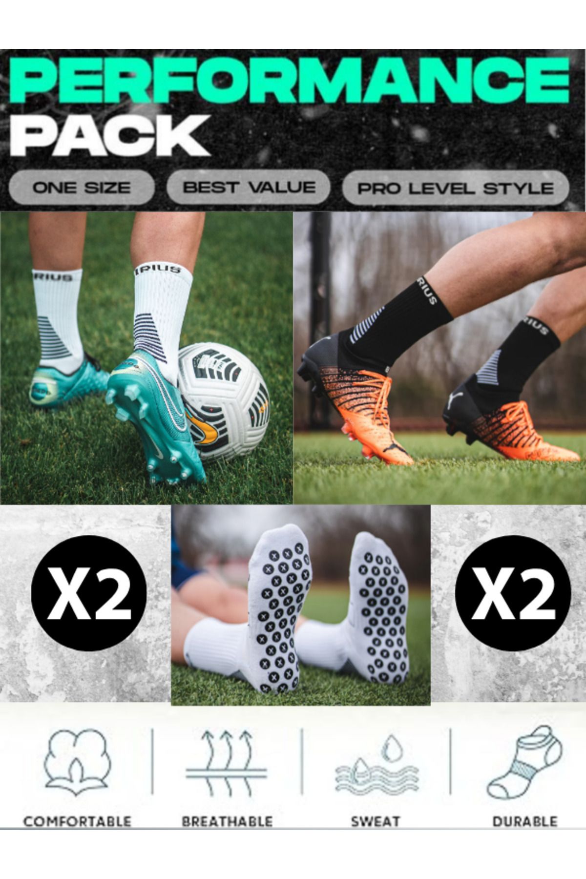 Bellanora 2 Çift Pro Performans Anti Kauçuk Kaymaz Taban Futbol,basketbol,tenis,yoga Antrenman Çorap