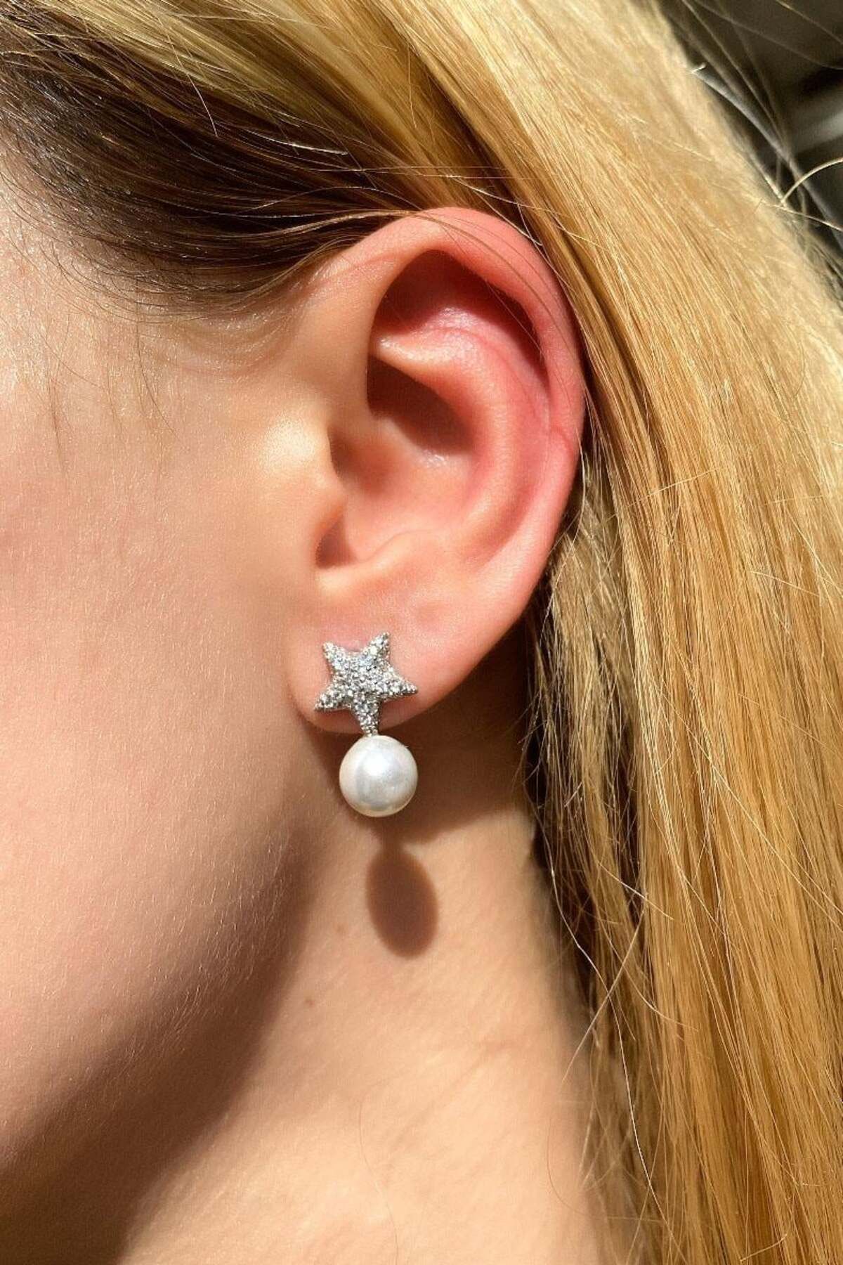 Spossy Silver Jewelry İncili Yıldız Küpe