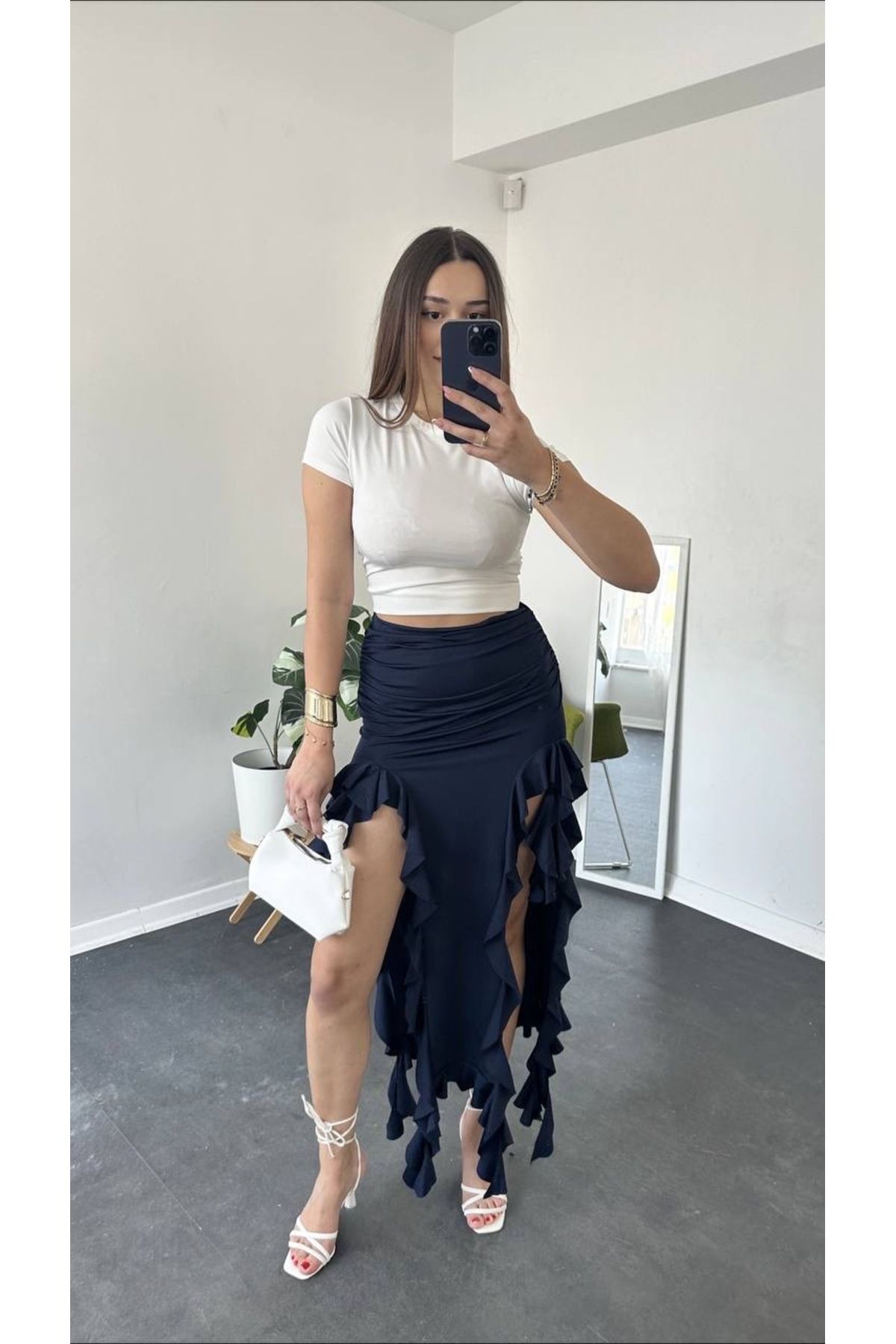 Sudelim butik Fırfır yırtmaçlı uzun etek